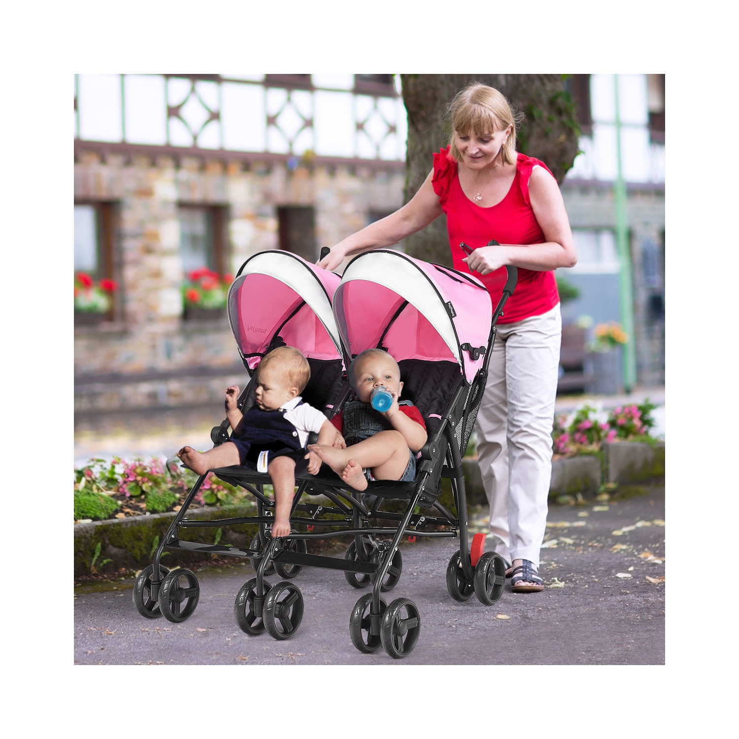 Twin Baby Double Stroller Kids Ultralight Umbrella Stroller Pushchair Pink