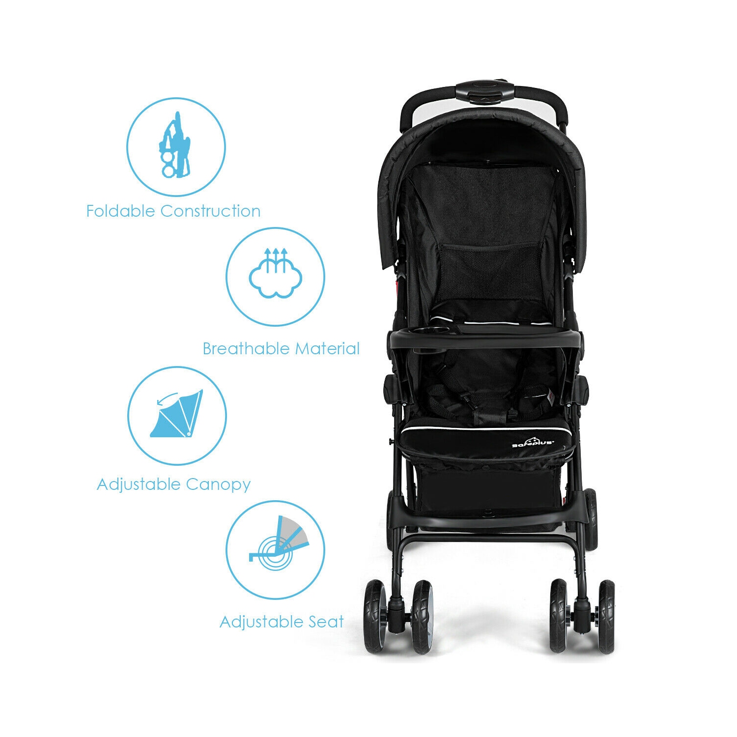 Foldable Baby Stroller Kids Travel Pushchair 5-Point Safety System Black