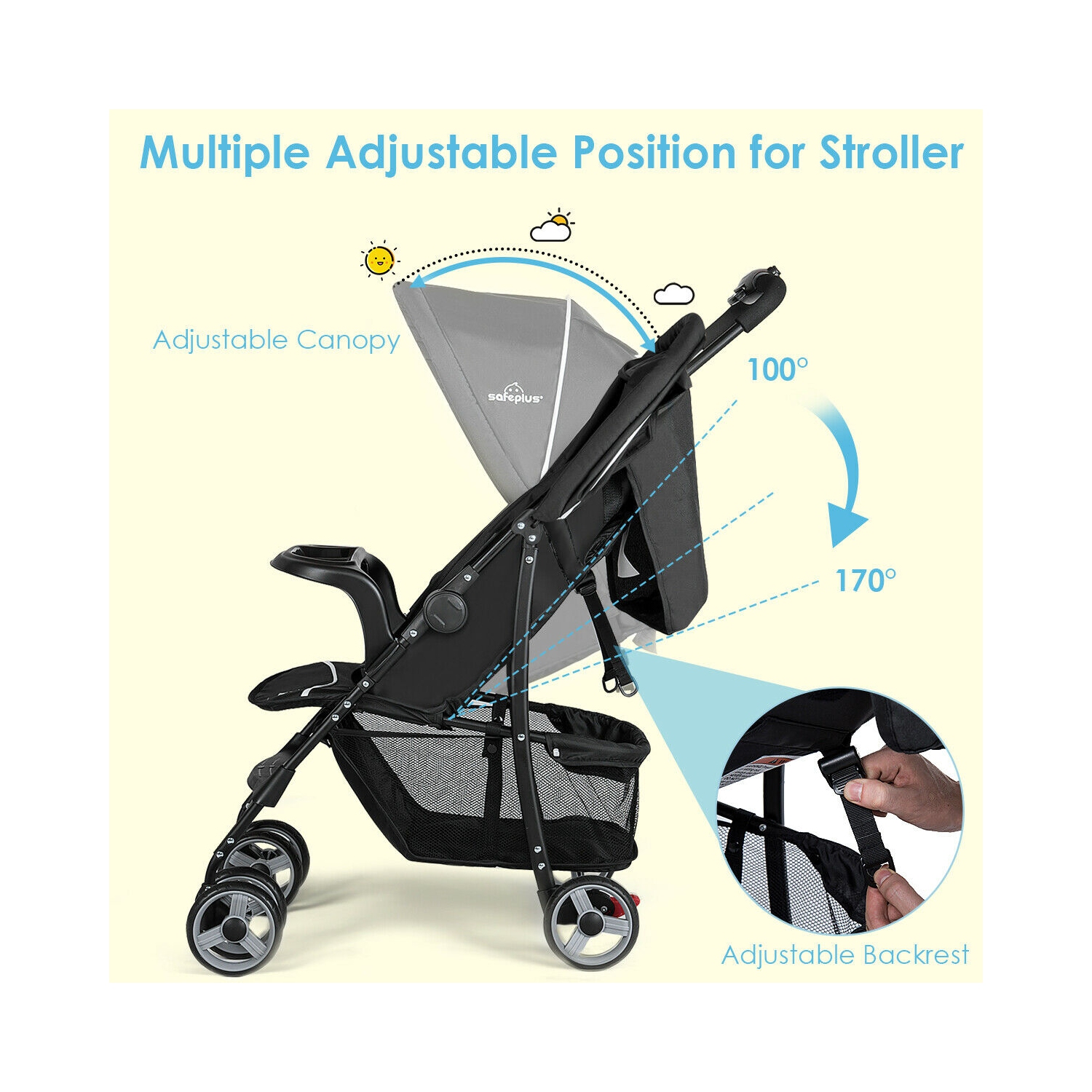 Foldable Baby Stroller Kids Travel Pushchair 5-Point Safety System Black