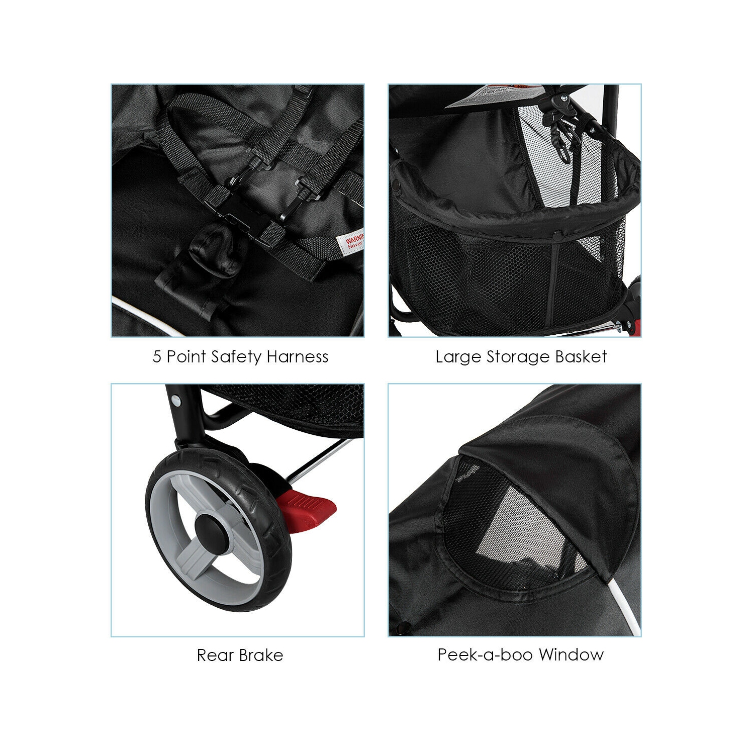 Foldable Baby Stroller Kids Travel Pushchair 5-Point Safety System Black