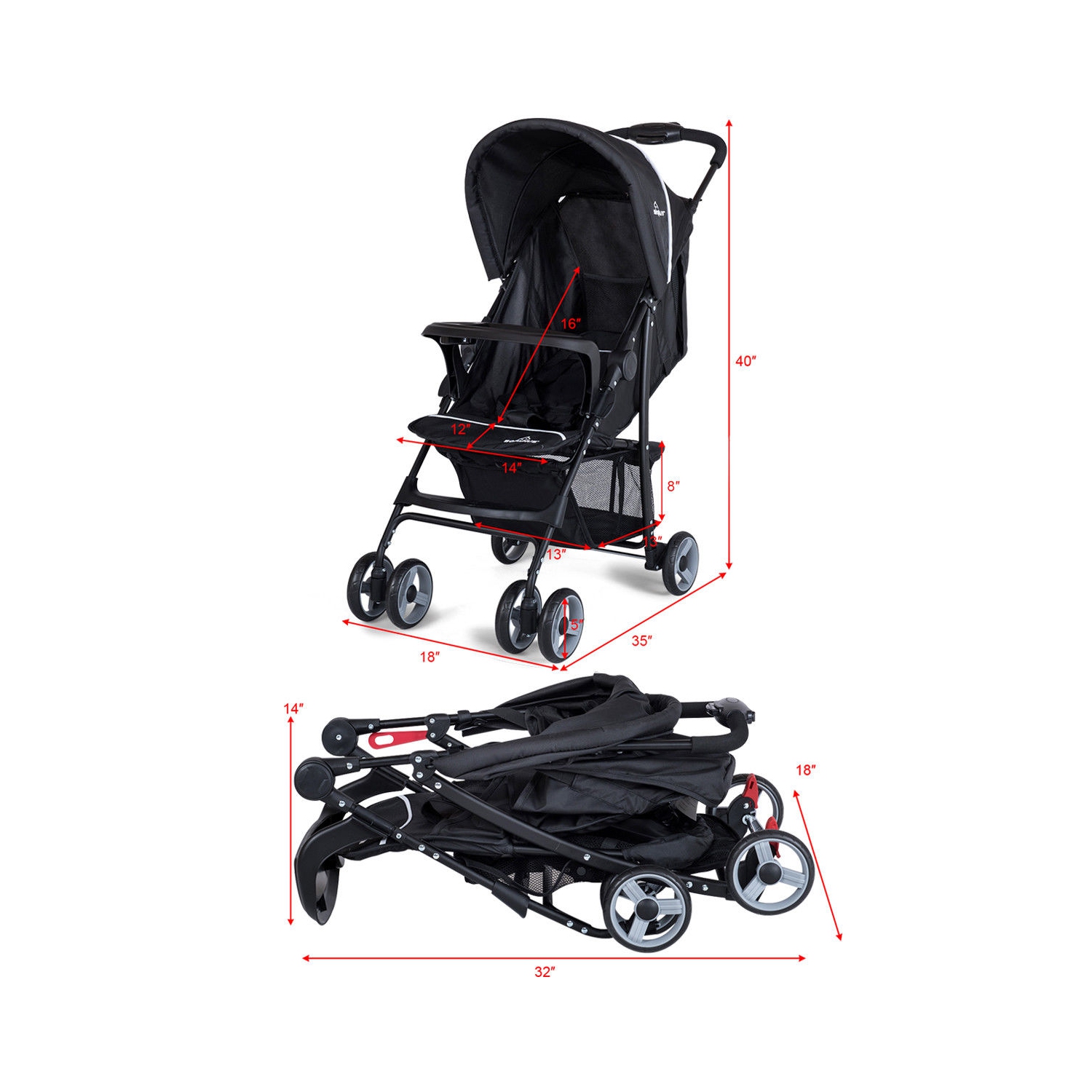 Foldable Baby Stroller Kids Travel Pushchair 5-Point Safety System Black