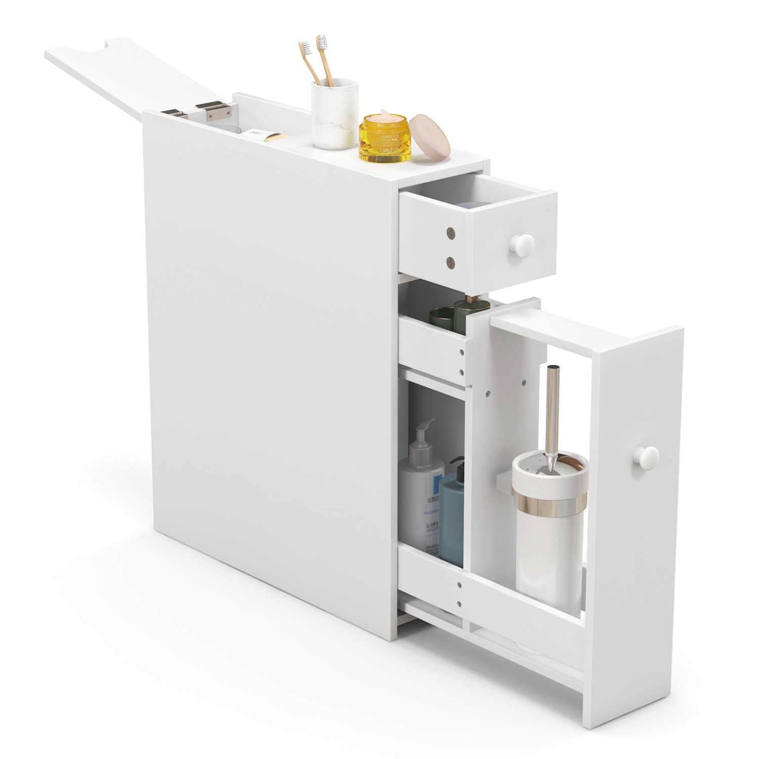 Meuble de rangement étroit de Costway pour salle de bain avec dessus rabattable, tiroir et tablettes - Blanc
