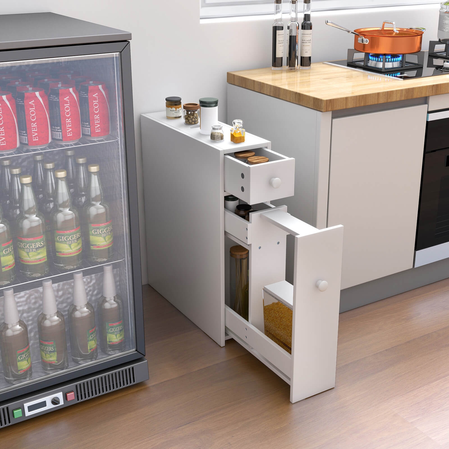 Meuble de rangement étroit de Costway pour salle de bain avec dessus rabattable, tiroir et tablettes - Blanc