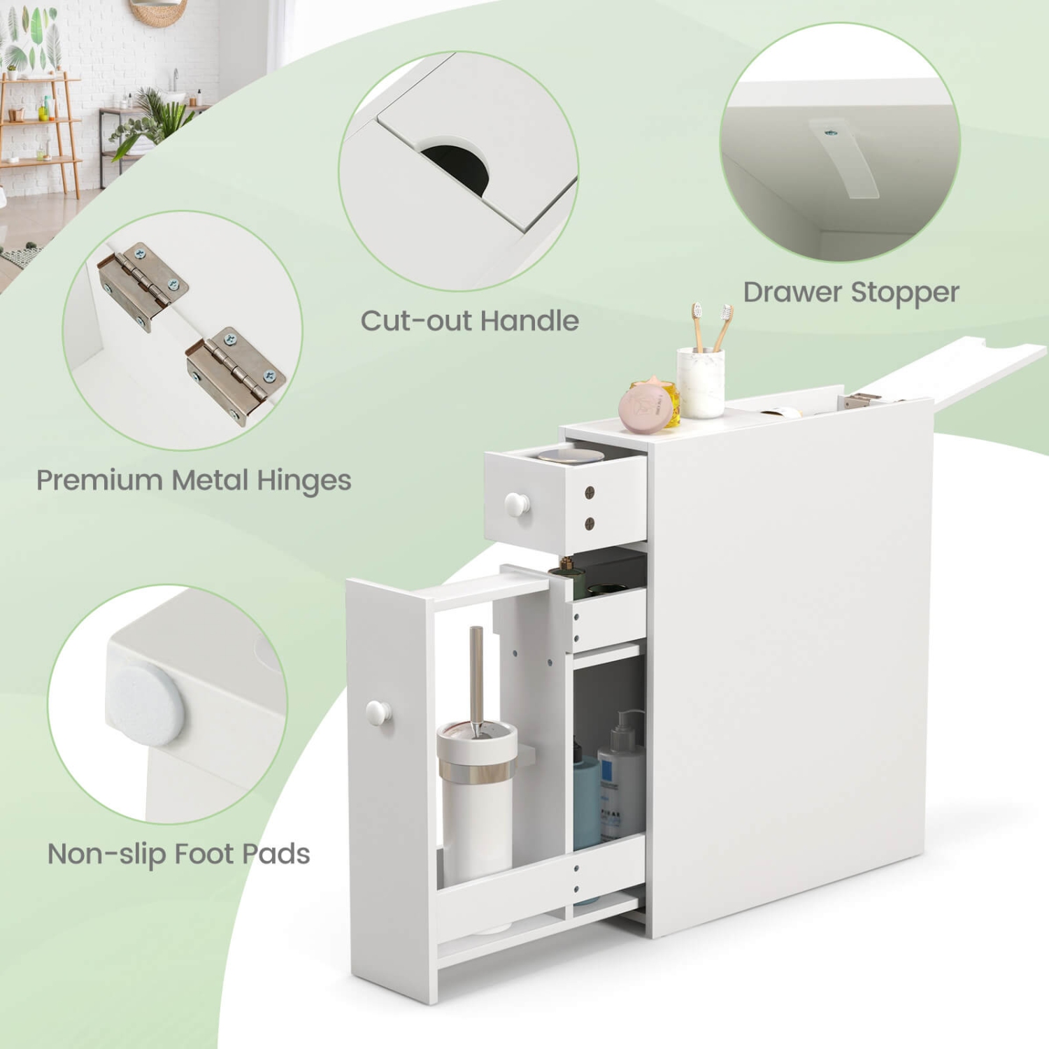 Meuble de rangement étroit de Costway pour salle de bain avec dessus rabattable, tiroir et tablettes - Blanc