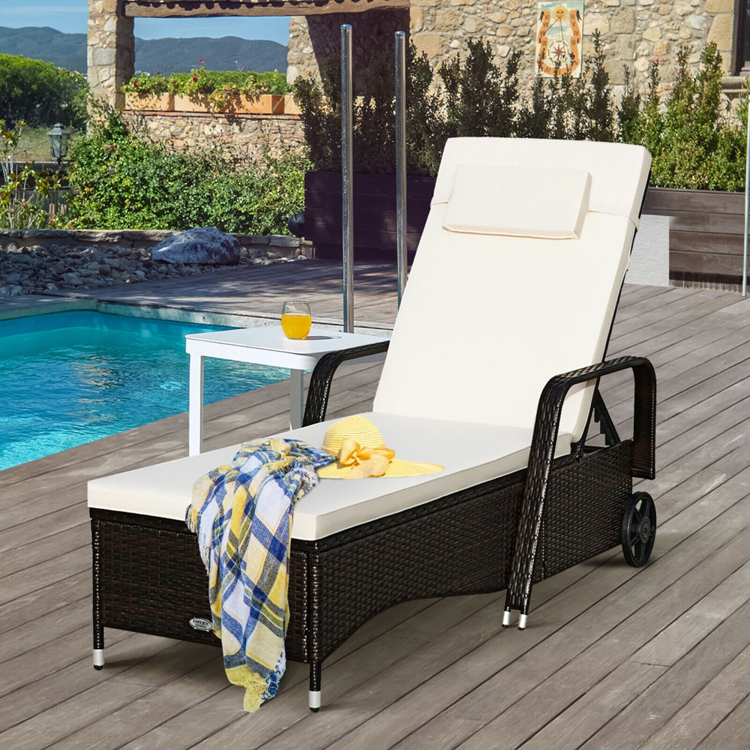 Costway Adjustable Rattan Sofa Lounge Chair Patio Chaise Cushioned Recliner with Wheels