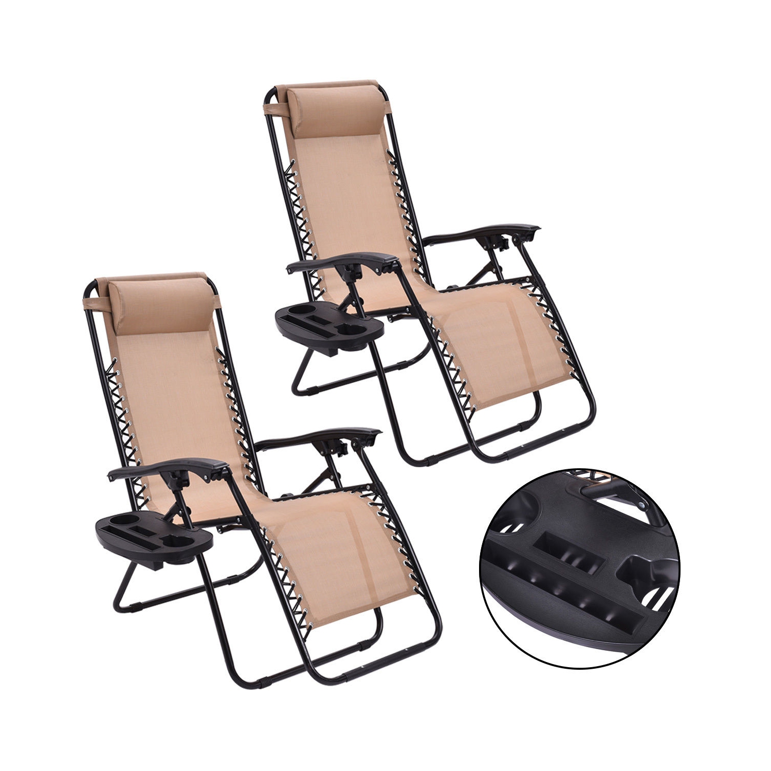 Costway 2PC Zero Gravity Lounge Chairs Patio Folding Recliner W/ Cup Holder Beige