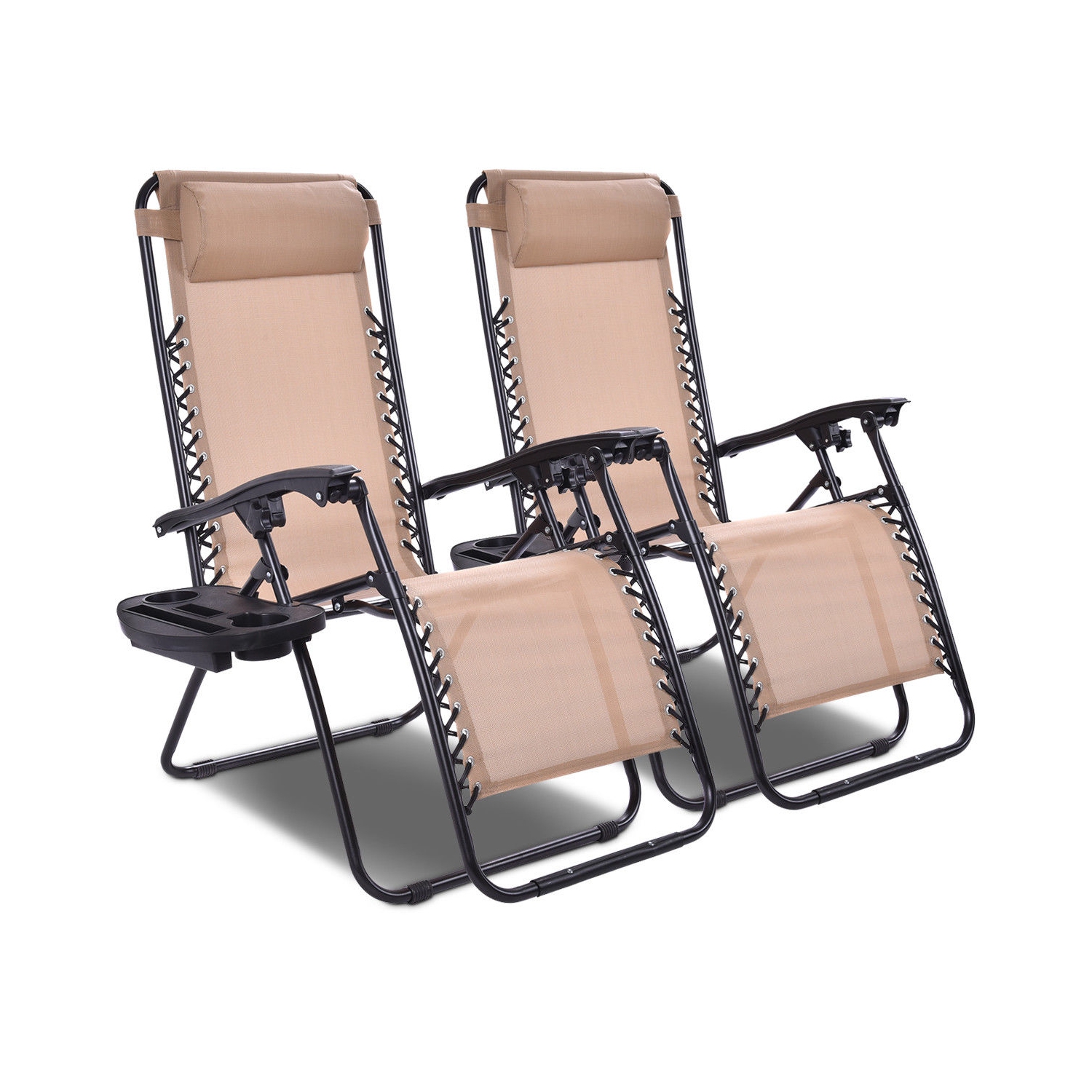 Costway 2PC Zero Gravity Lounge Chairs Patio Folding Recliner W/ Cup Holder Beige