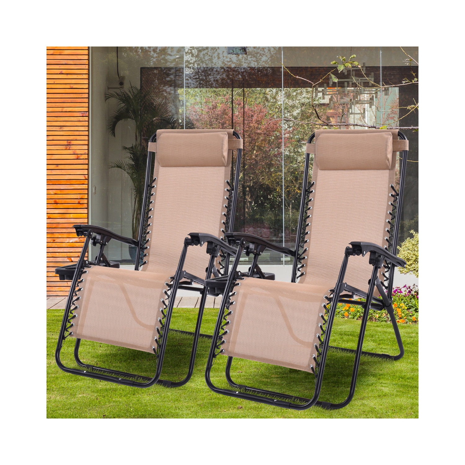 Costway 2PC Zero Gravity Lounge Chairs Patio Folding Recliner W/ Cup Holder Beige