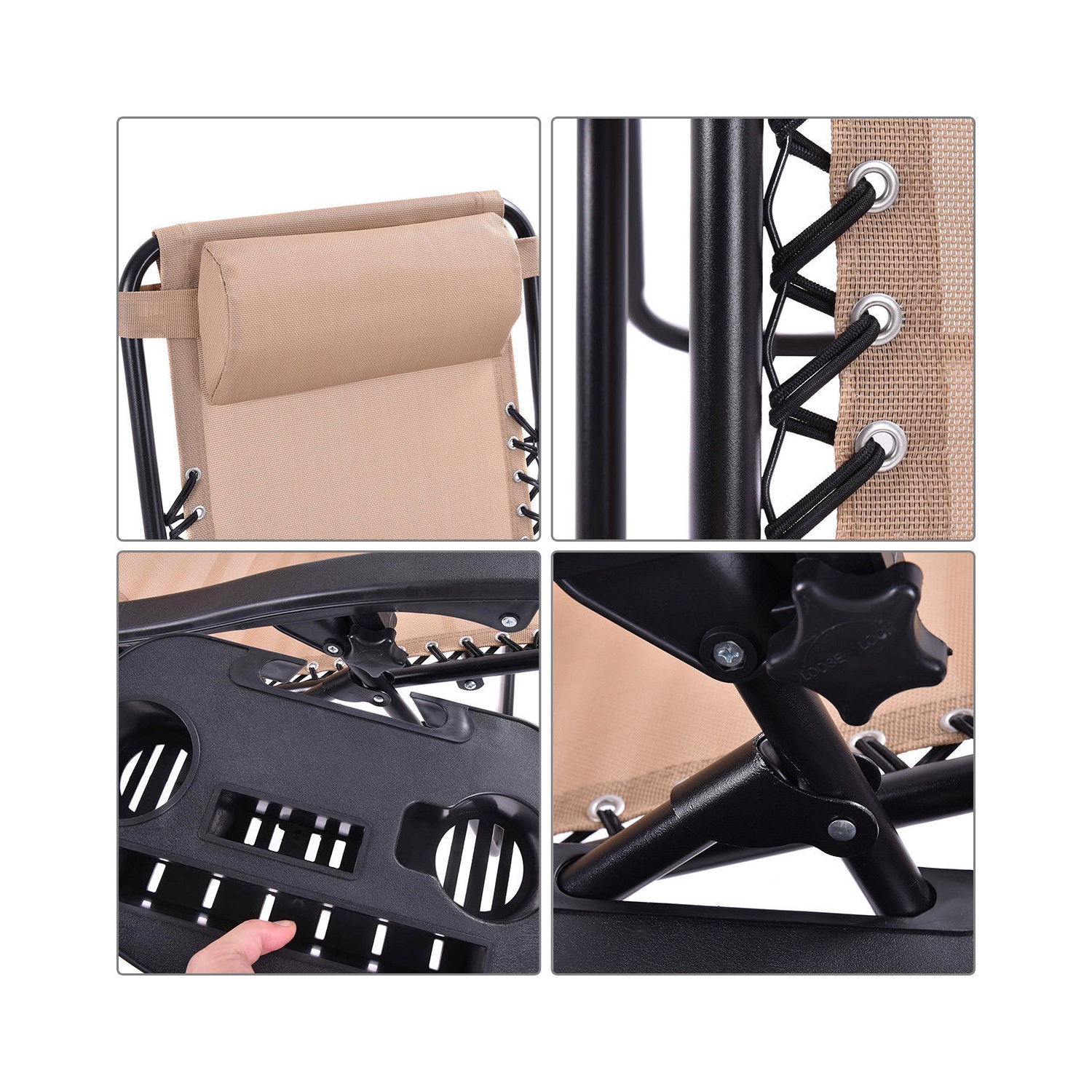 Costway 2PC Zero Gravity Lounge Chairs Patio Folding Recliner W/ Cup Holder Beige