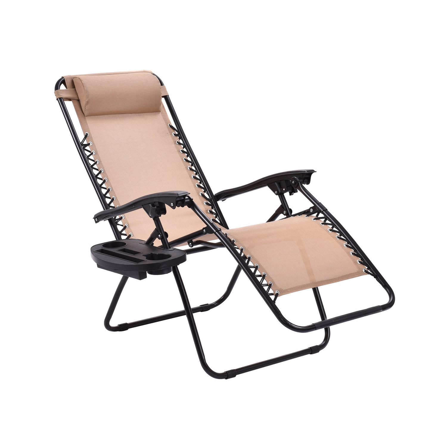 Costway 2PC Zero Gravity Lounge Chairs Patio Folding Recliner W/ Cup Holder Beige