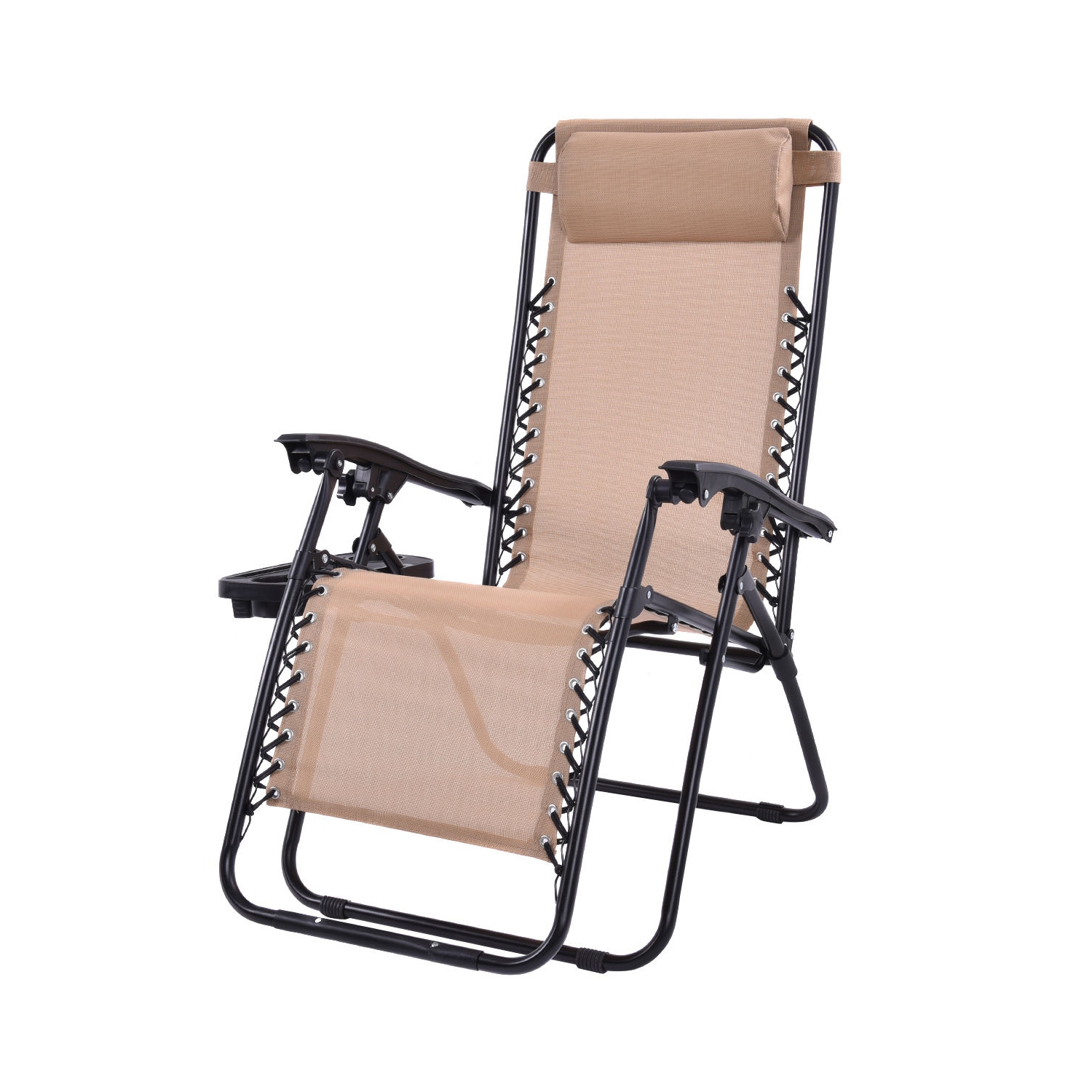 Costway 2PC Zero Gravity Lounge Chairs Patio Folding Recliner W/ Cup Holder Beige