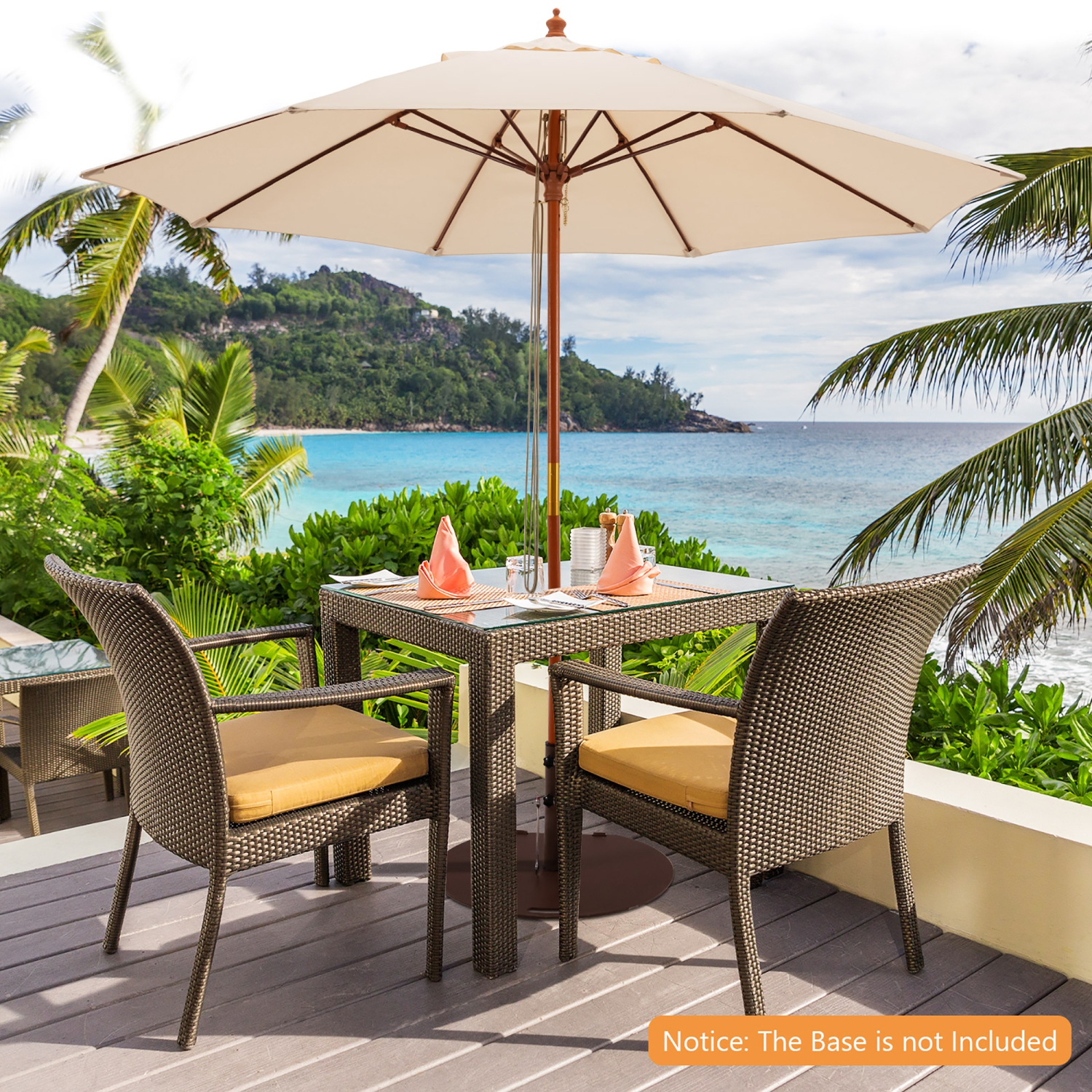 Costway 9.5 FT Patio Rope Pulley Wooden Umbrella Market w/Fiberglass Ribs Outdoor Beige