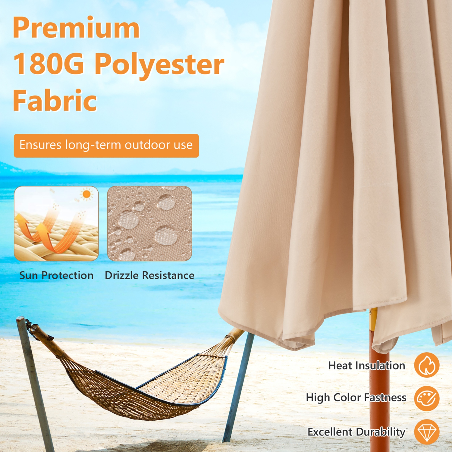 Costway 9.5 FT Patio Rope Pulley Wooden Umbrella Market w/Fiberglass Ribs Outdoor Beige