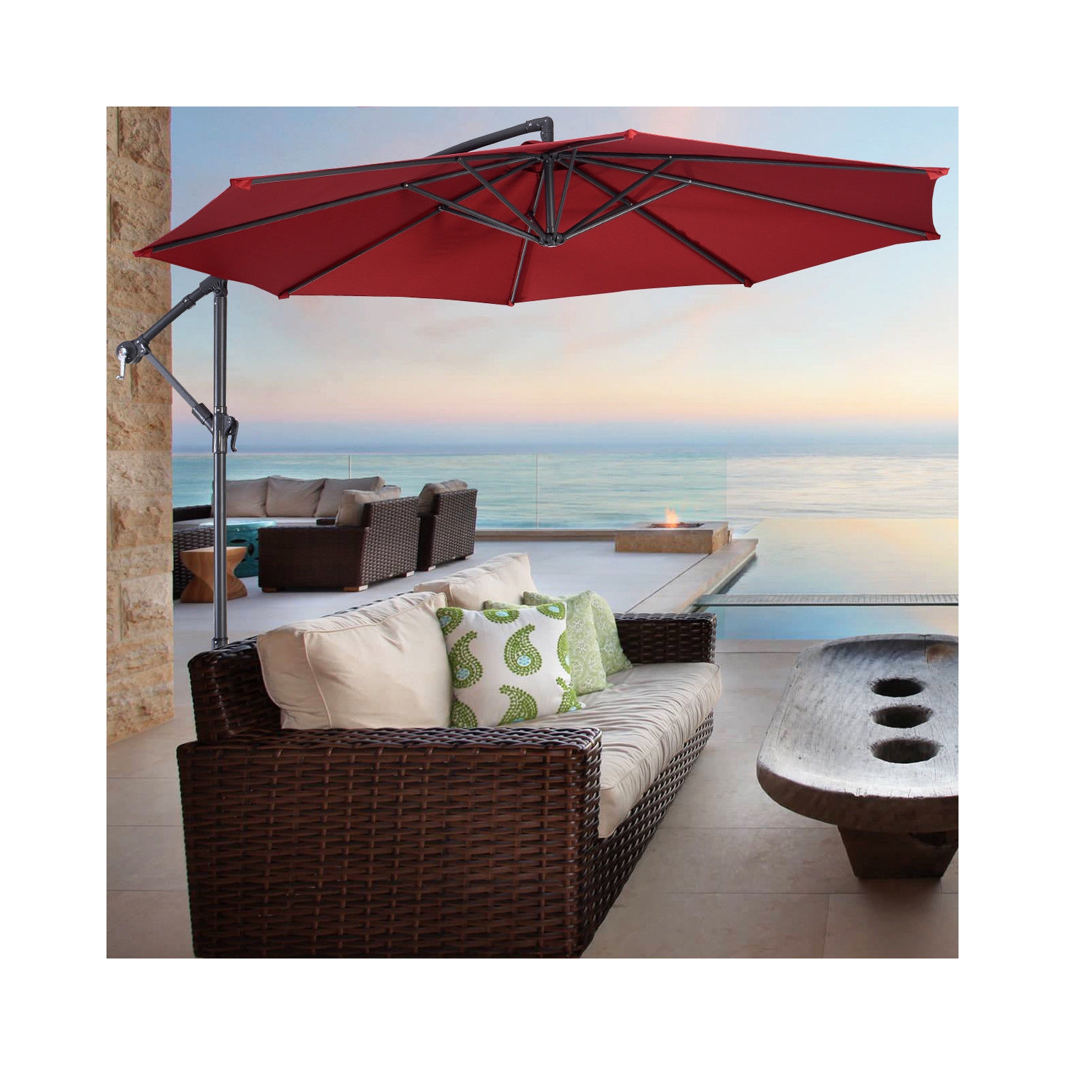 Costway 10' Hanging Umbrella Patio Sun Shade Offset Garden Market W/ T Cross Base