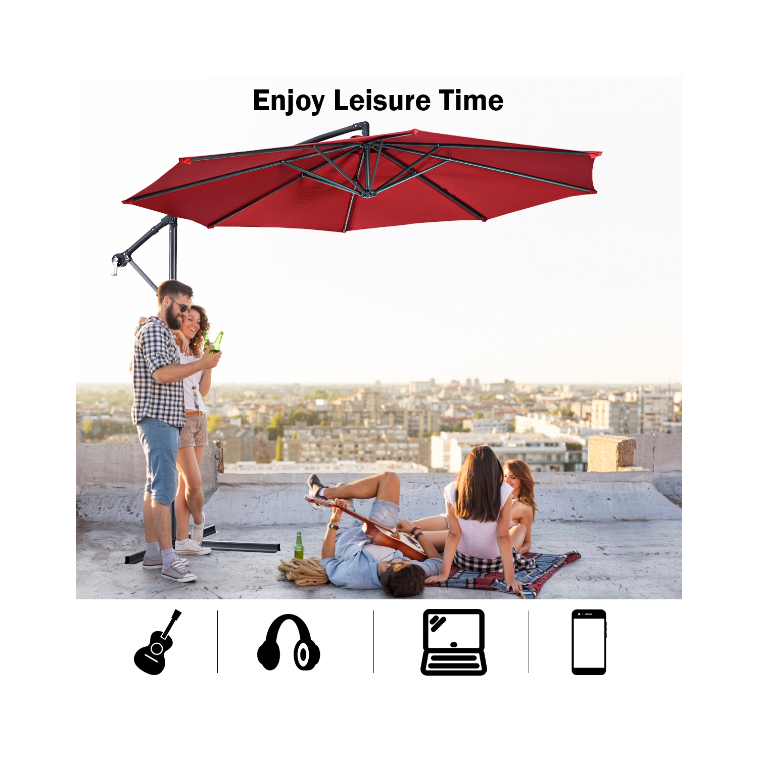 Costway 10' Hanging Umbrella Patio Sun Shade Offset Garden Market W/ T Cross Base