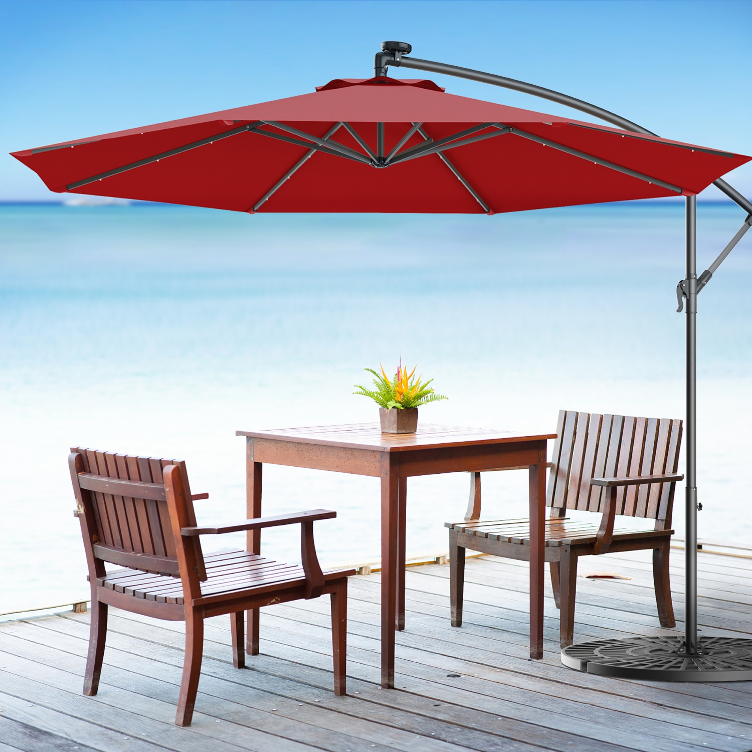 Costway 10' Hanging Solar LED Umbrella Patio Sun Shade Offset Market W/ Base