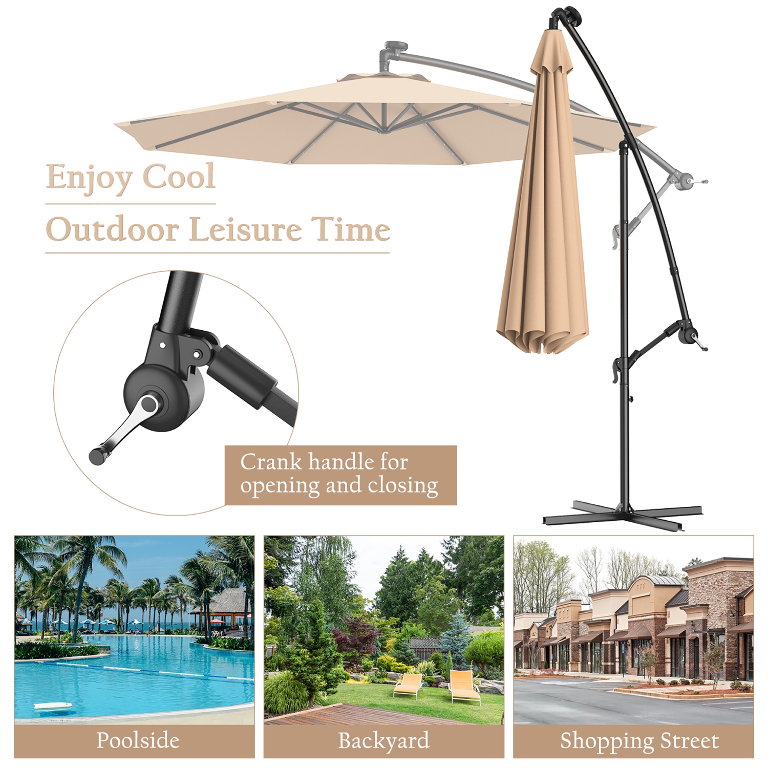 Costway 10' Hanging Solar LED Umbrella Patio Sun Shade Offset Market W/ Base
