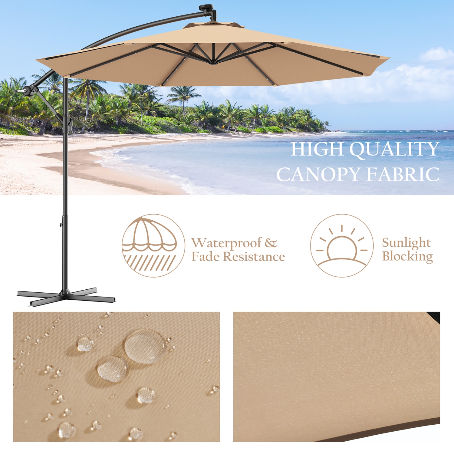 Costway 10' Hanging Solar LED Umbrella Patio Sun Shade Offset Market W/ Base