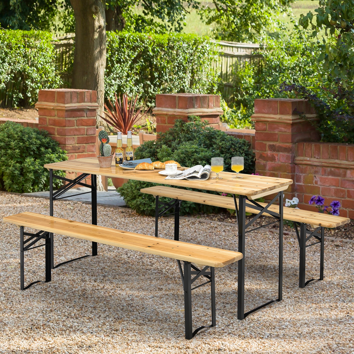 Costway Ensemble de 3 pièces de Table de Pique-Nique Pliable en Bois pour Terrasse, Jardin