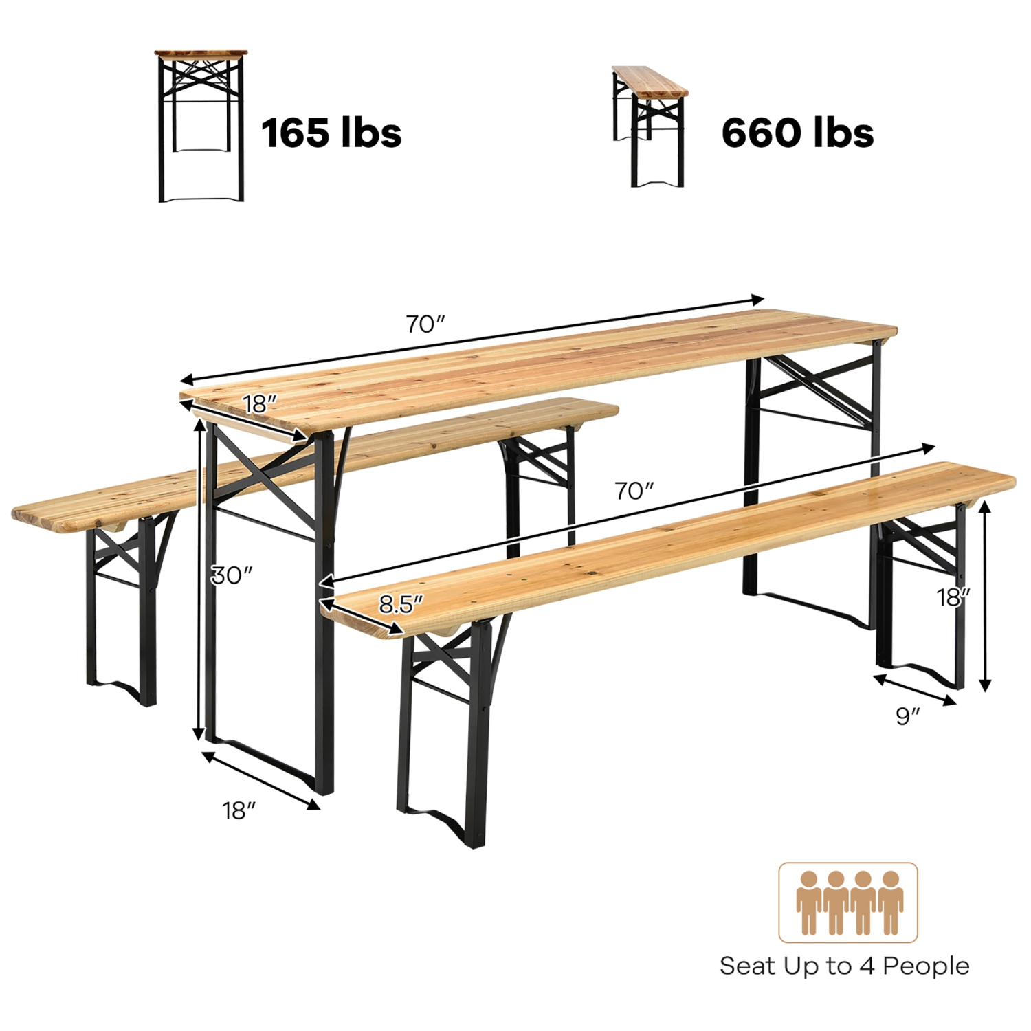 Costway Ensemble de 3 pièces de Table de Pique-Nique Pliable en Bois pour Terrasse, Jardin