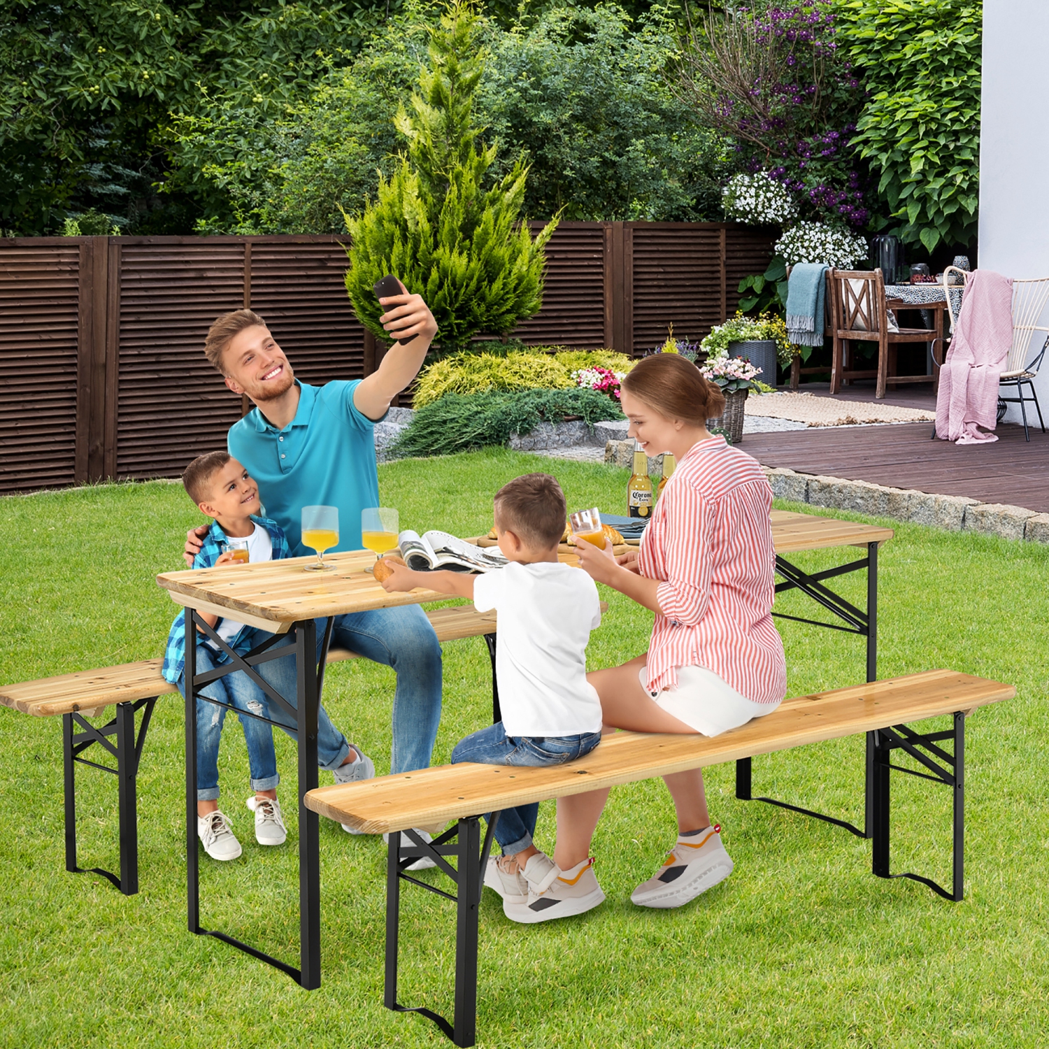 Costway Ensemble de 3 pièces de Table de Pique-Nique Pliable en Bois pour Terrasse, Jardin