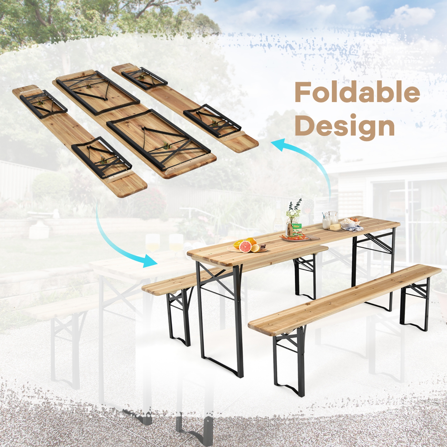 Costway Ensemble de 3 pièces de Table de Pique-Nique Pliable en Bois pour Terrasse, Jardin