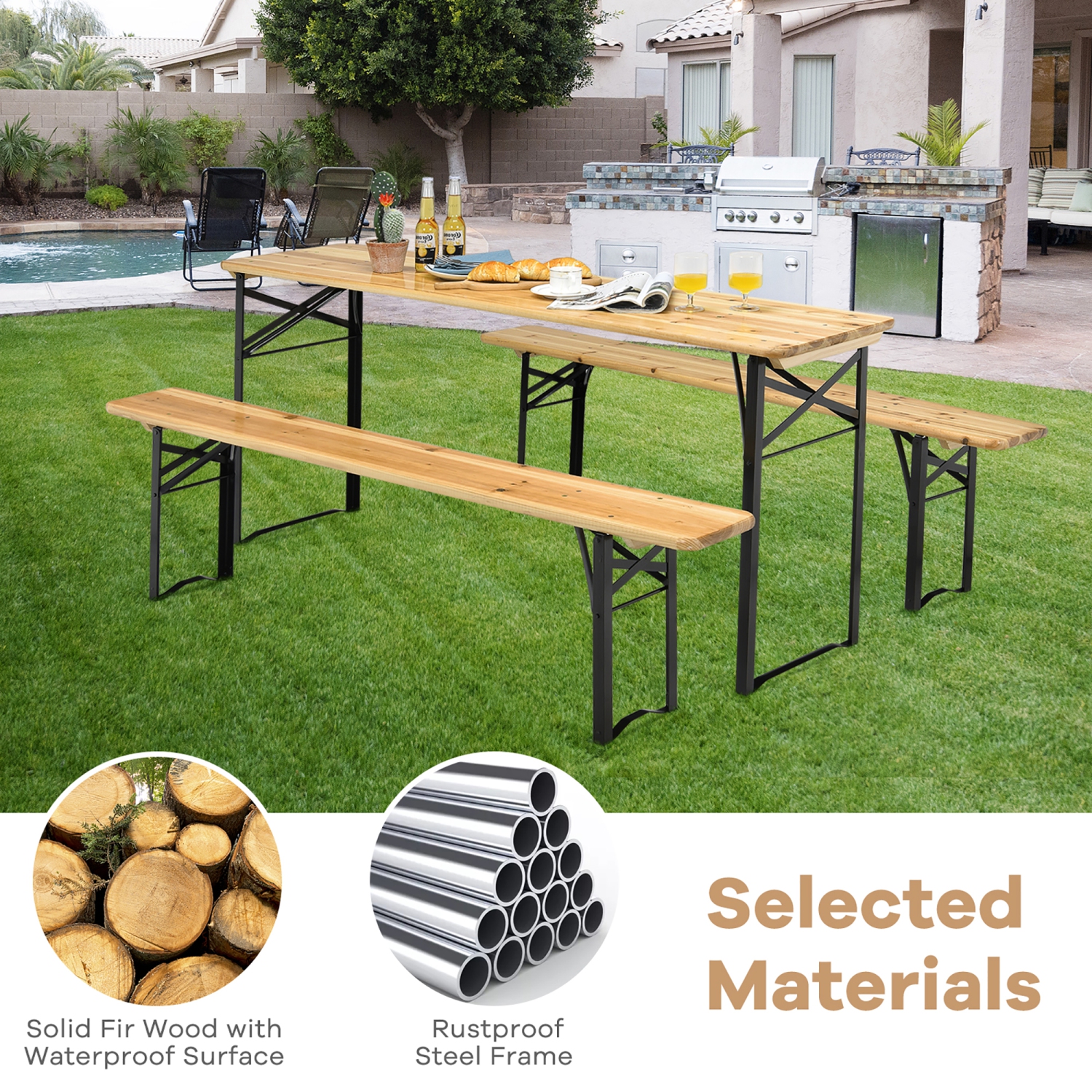 Costway Ensemble de 3 pièces de Table de Pique-Nique Pliable en Bois pour Terrasse, Jardin