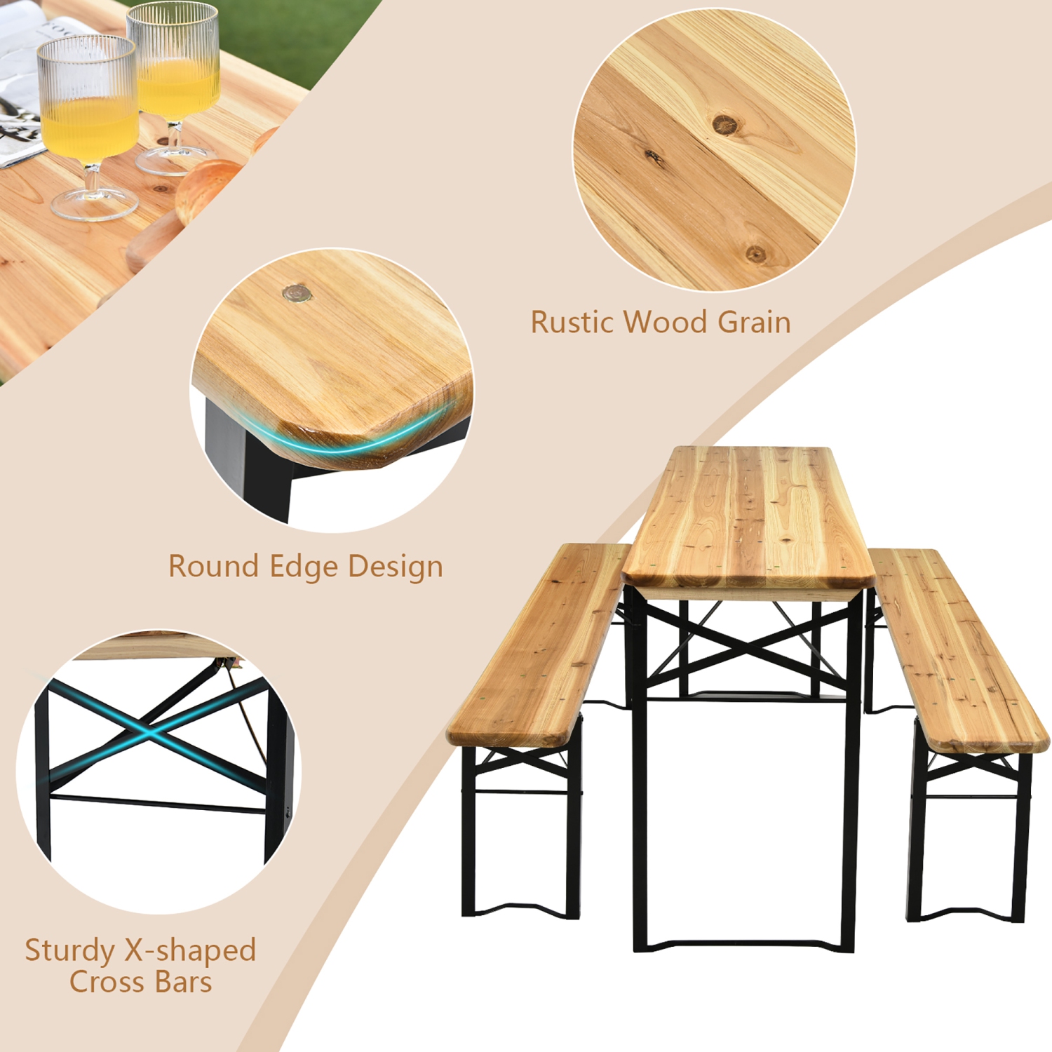 Costway Ensemble de 3 pièces de Table de Pique-Nique Pliable en Bois pour Terrasse, Jardin