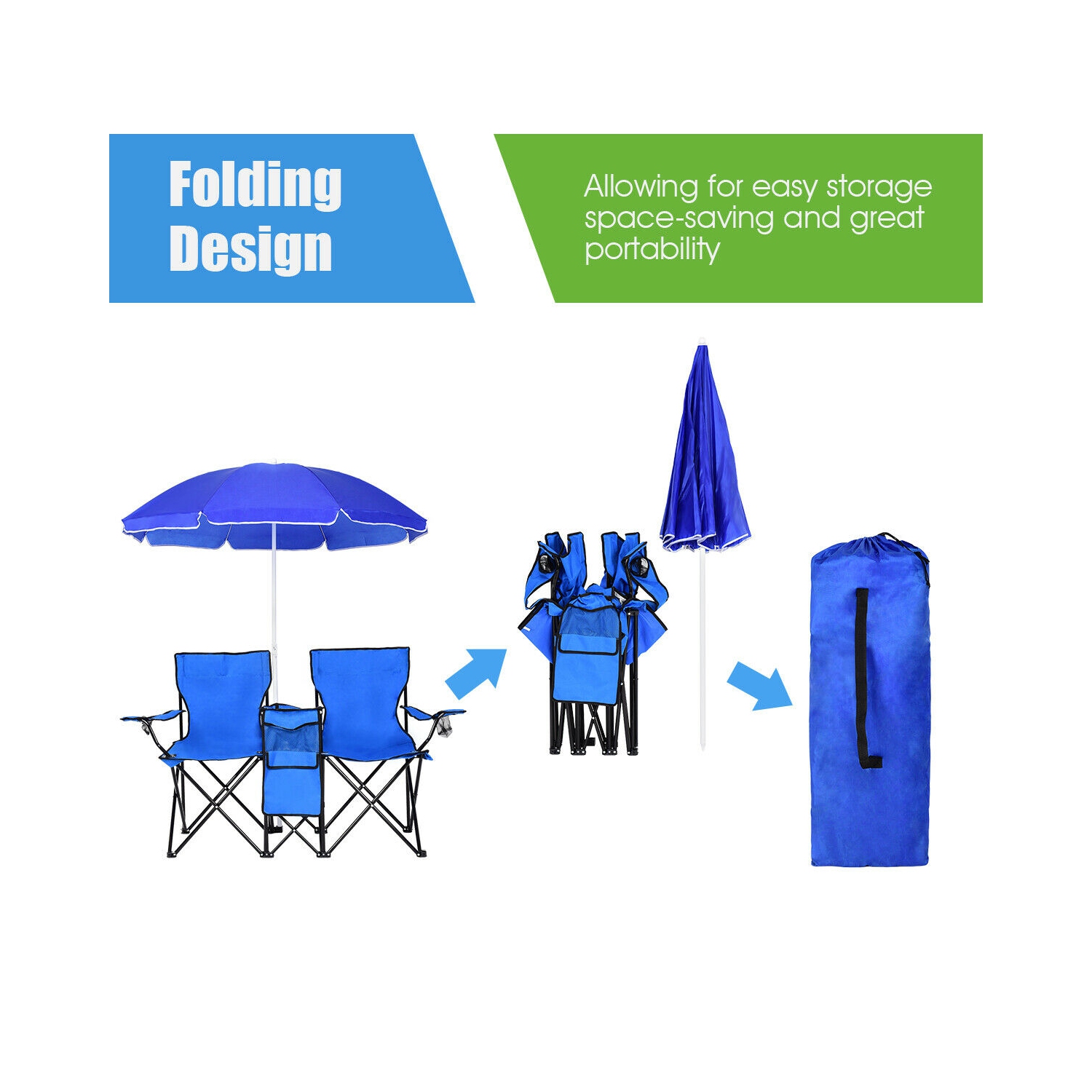 Lot de 2 chaises de camping pliables avec parasol