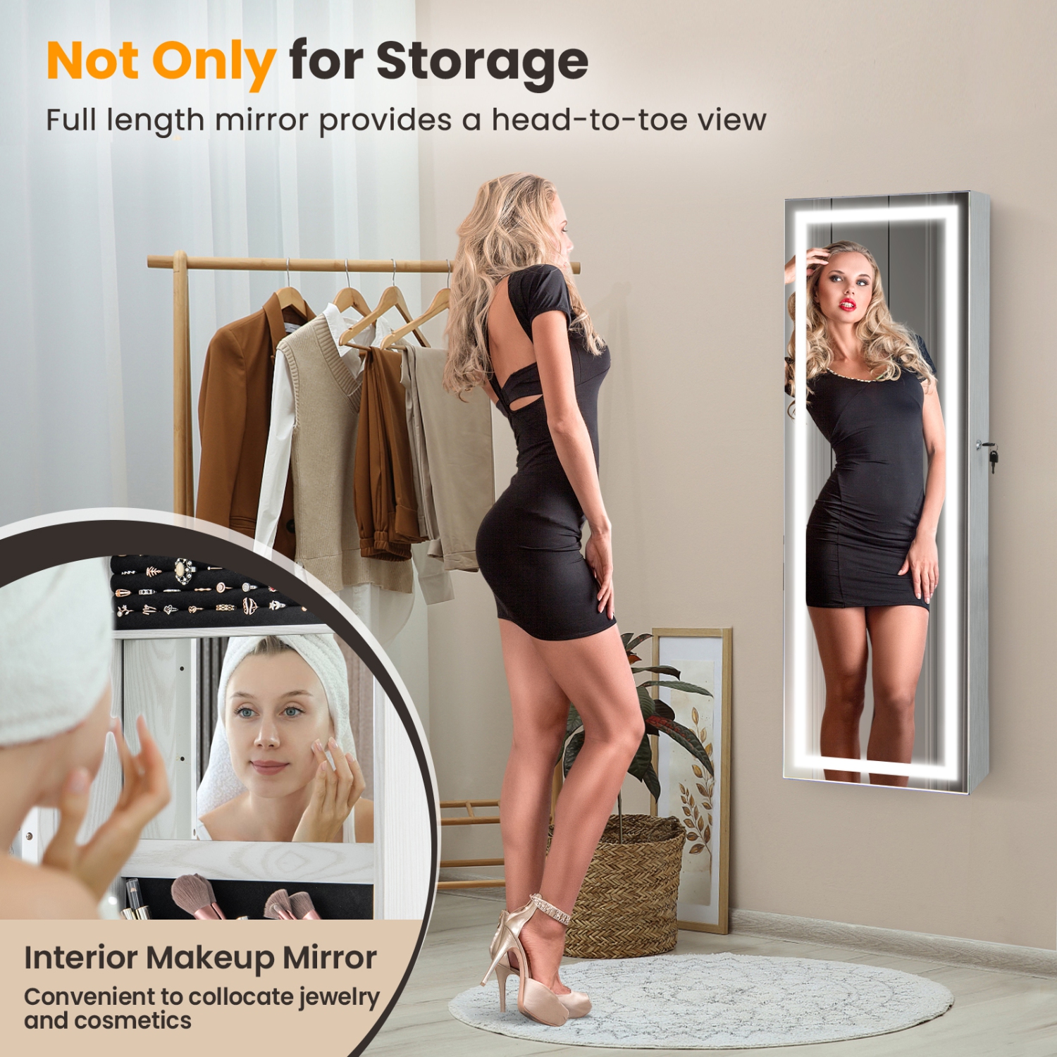 Costway Door Wall Mount Touch Screen LED Mirrored Jewelry Cabinet Storage