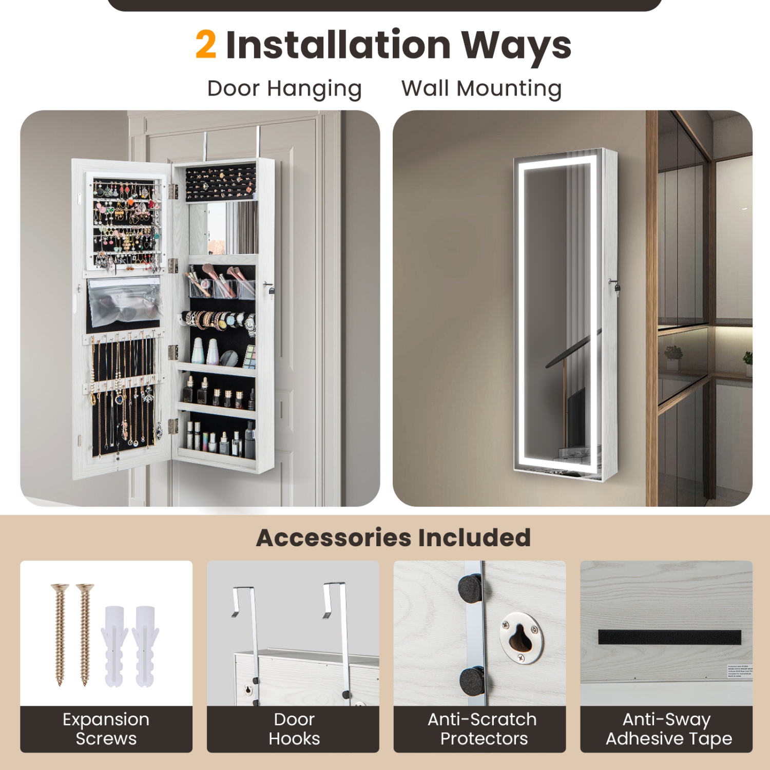 Costway Door Wall Mount Touch Screen LED Mirrored Jewelry Cabinet Storage