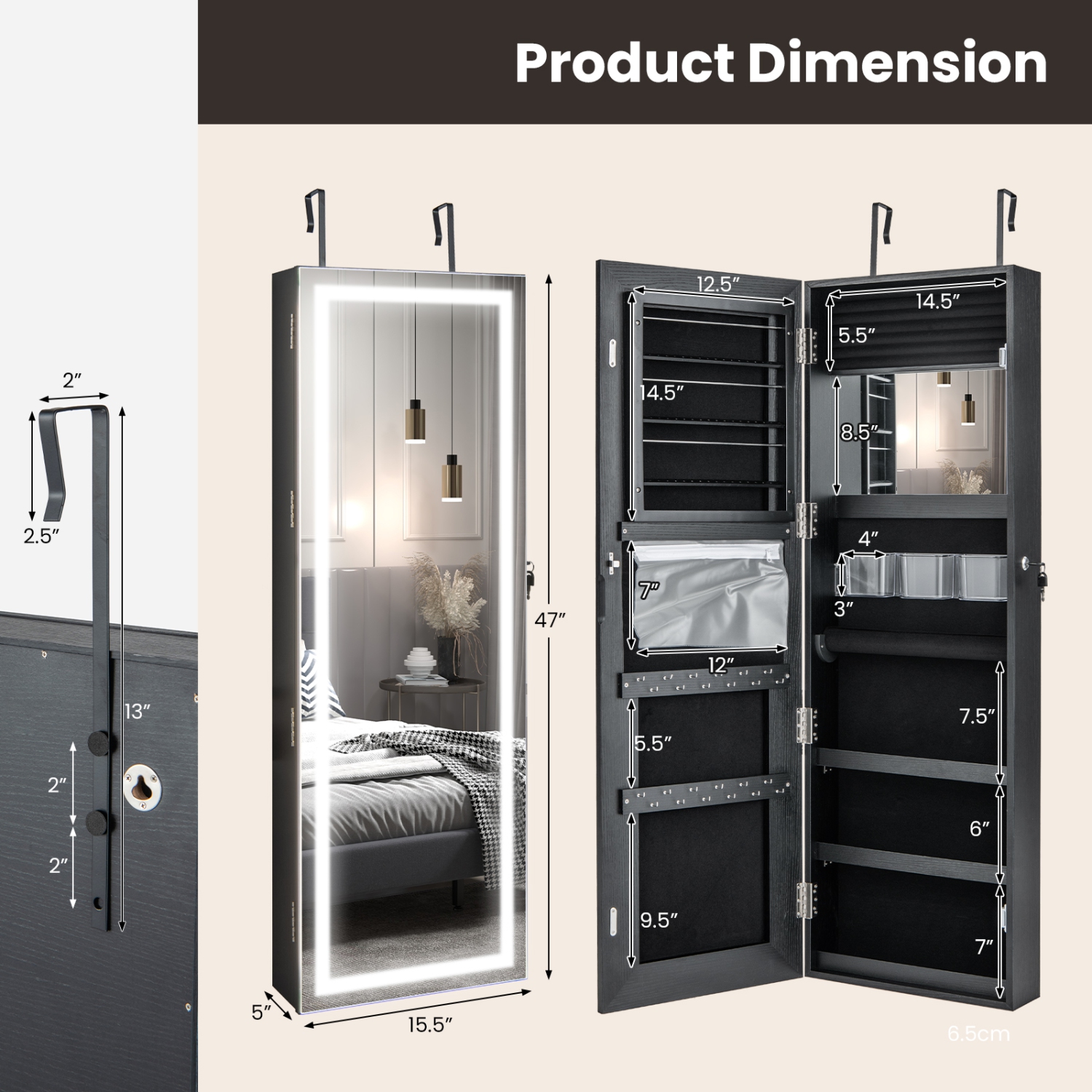 Costway Door Wall Mount Touch Screen LED Mirrored Jewelry Cabinet Storage