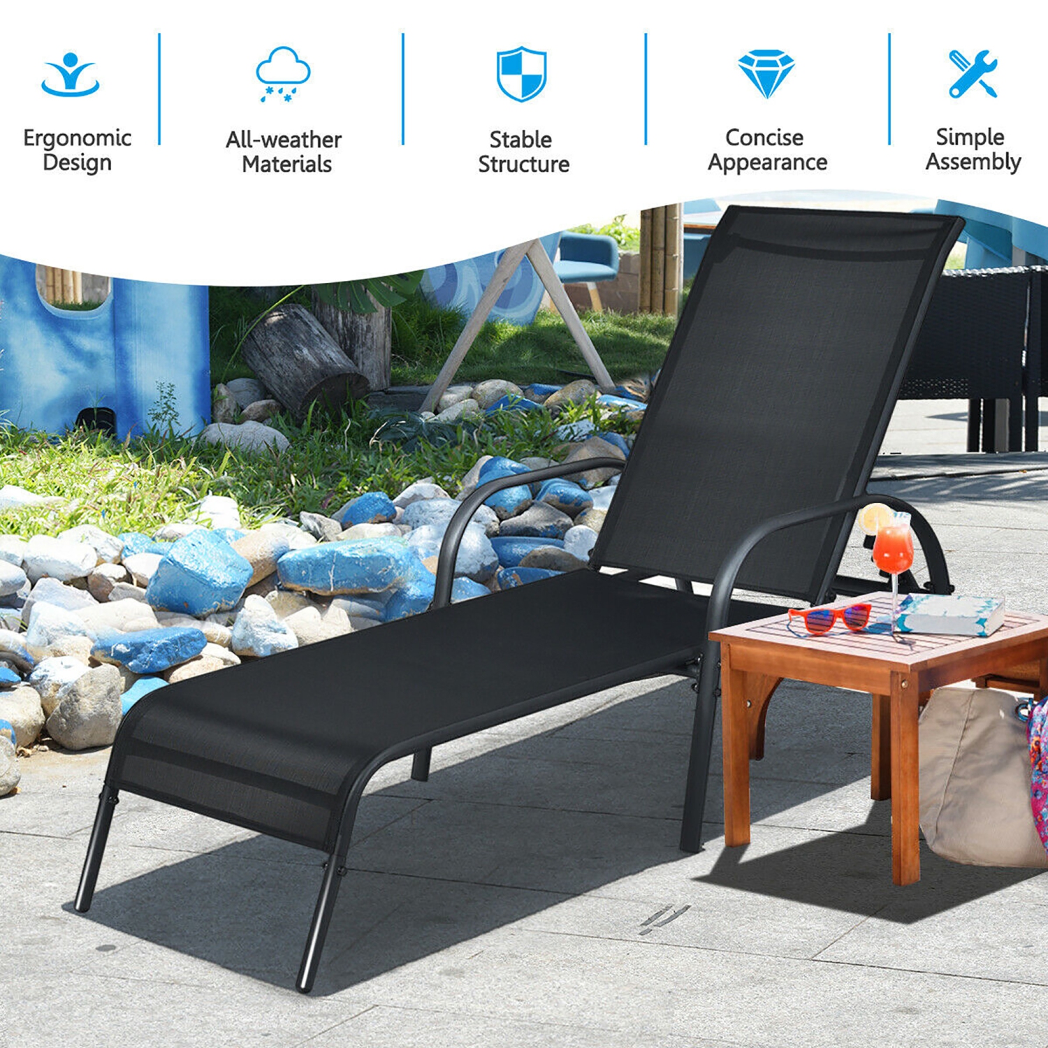 Goplus Patio Chaise Lounge Outdoor Folding Recliner Chair w/ Adjustable Backrest Black
