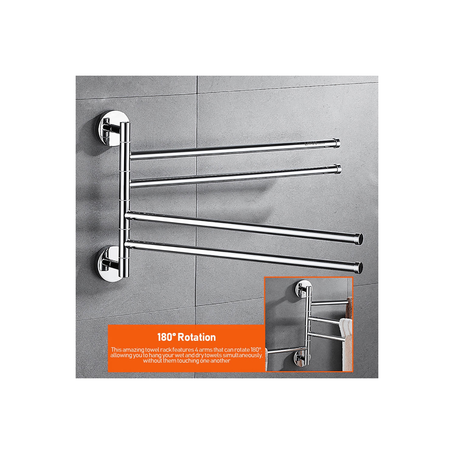 Porte-serviettes rotatif mural avec 4 bras pivotants en acier inoxydable - LIVINGbasics