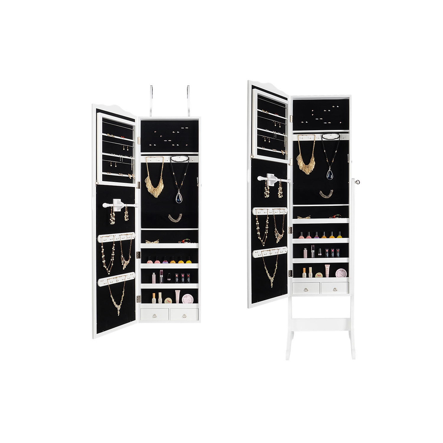 Armoire à bijoux verrouillable sur pied en bois avec miroir et porte miroir pour chambre à coucher