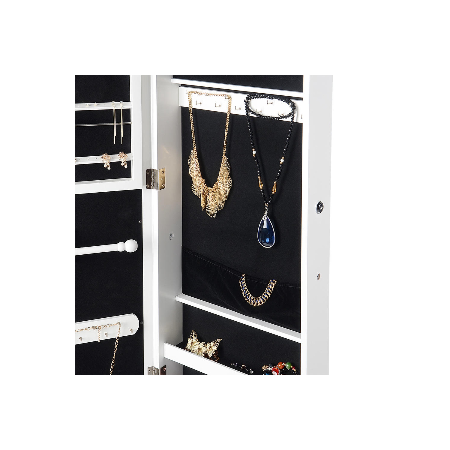 Armoire à bijoux verrouillable sur pied en bois avec miroir et porte miroir pour chambre à coucher