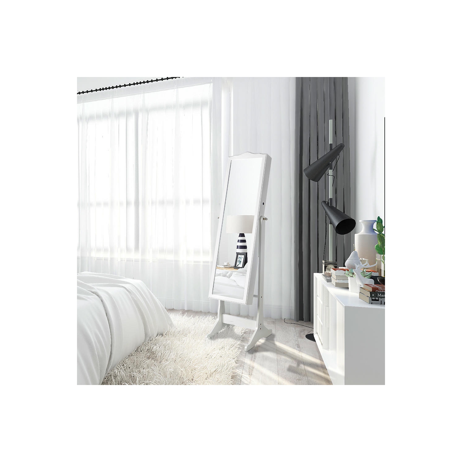 Armoire à bijoux verrouillable sur pied en bois avec miroir et porte miroir pour chambre à coucher