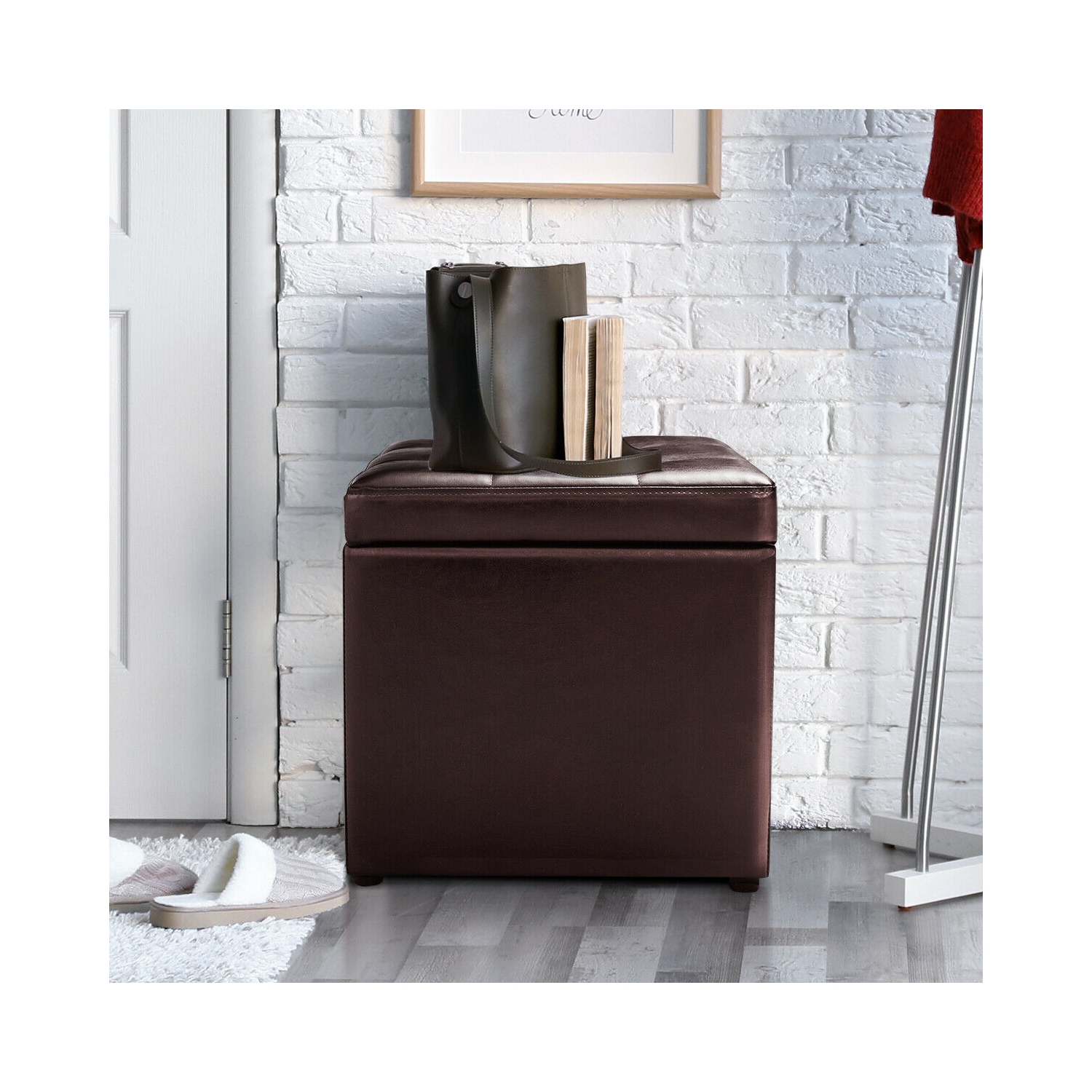 Pouf cubique de Costway, boîte de rangement Pouffe, repose-pieds, plateau à charnières, brun