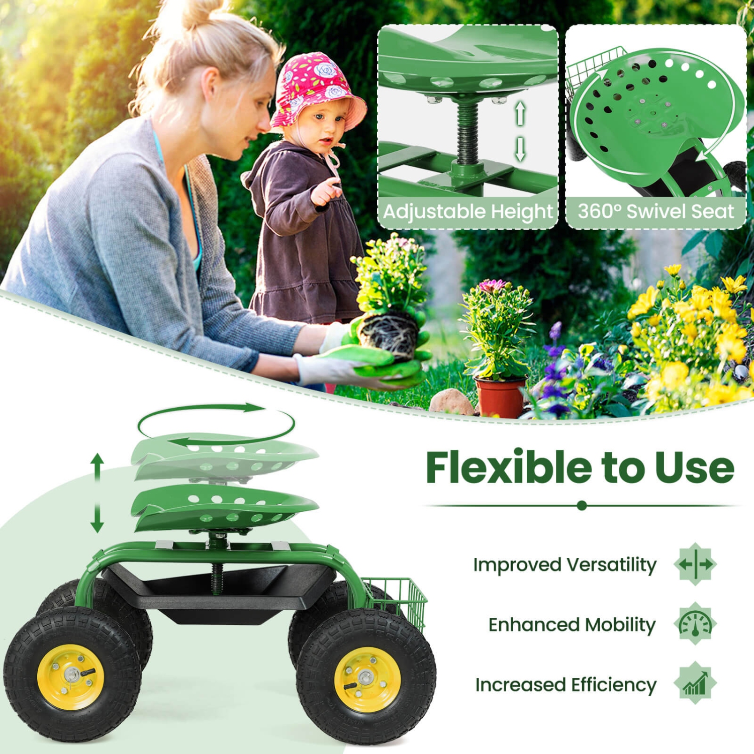 Jardinière à plateau roulant avec chariot de jardin pour siège de travail de Costway