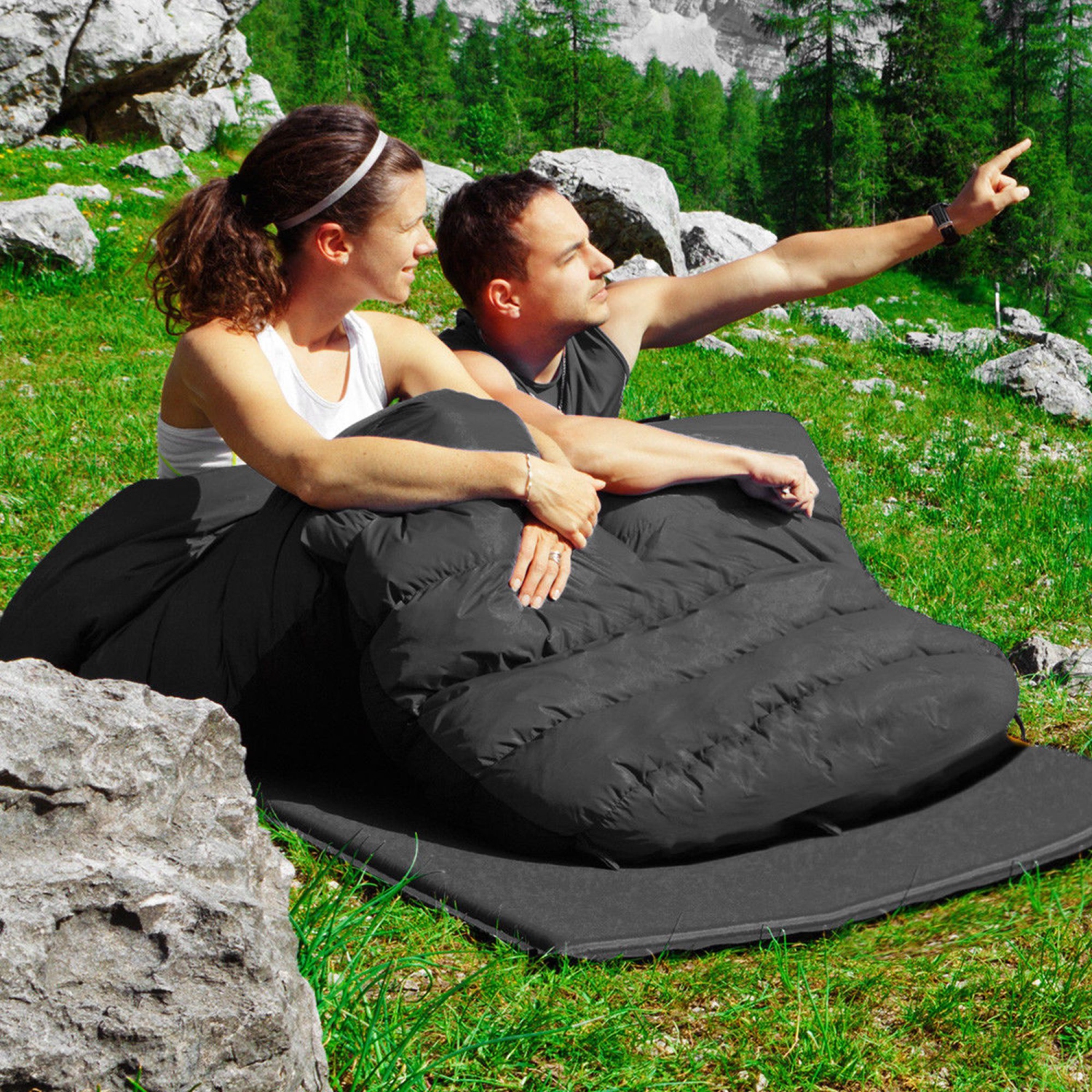 COSTWAY Sac de Couchage de 2 Personnes avec 2 Oreiller + Sac de Transport Résistant au Vent et Imperméable pour Camping Randonnée Pédestrex150cm
