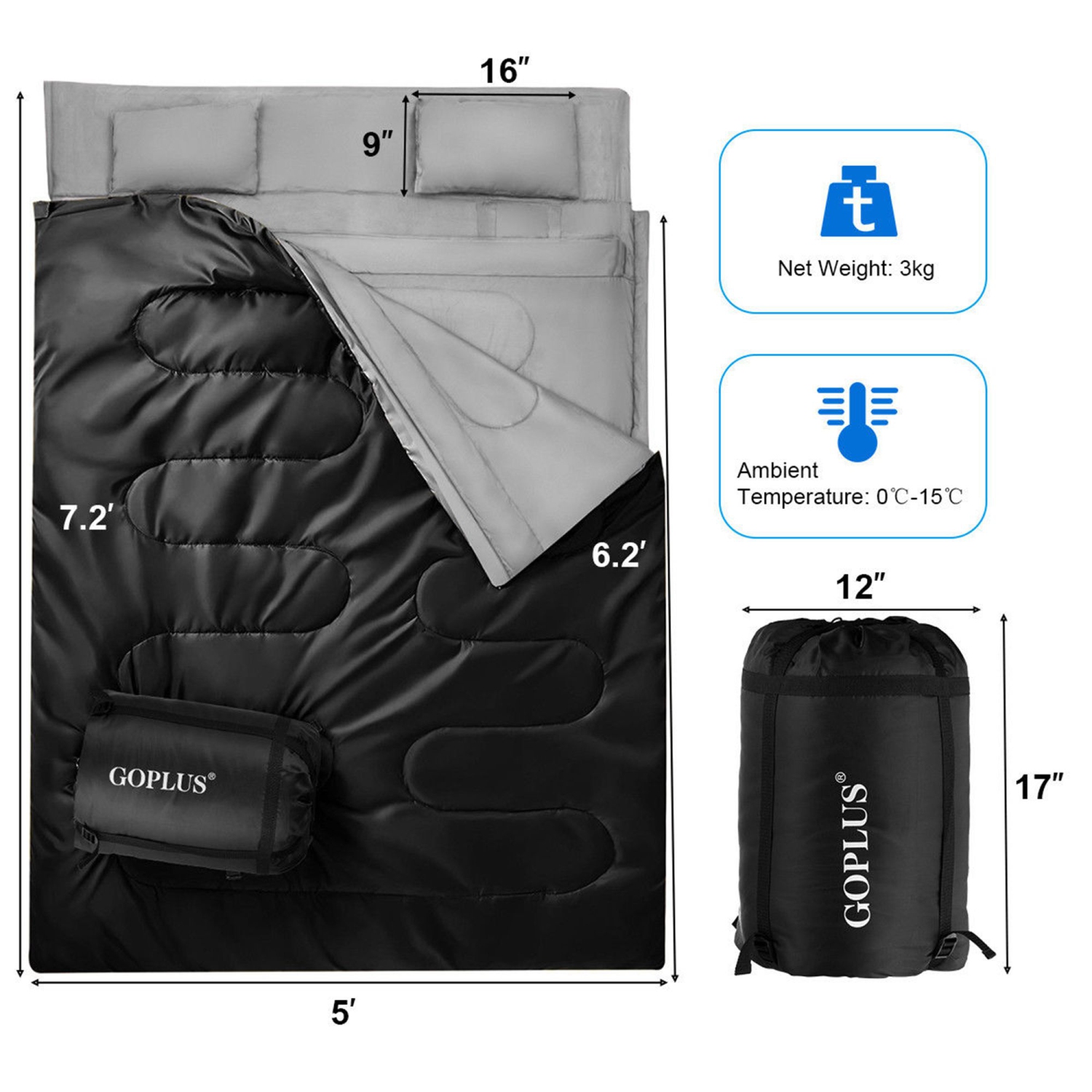 COSTWAY Sac de Couchage de 2 Personnes avec 2 Oreiller + Sac de Transport Résistant au Vent et Imperméable pour Camping Randonnée Pédestrex150cm
