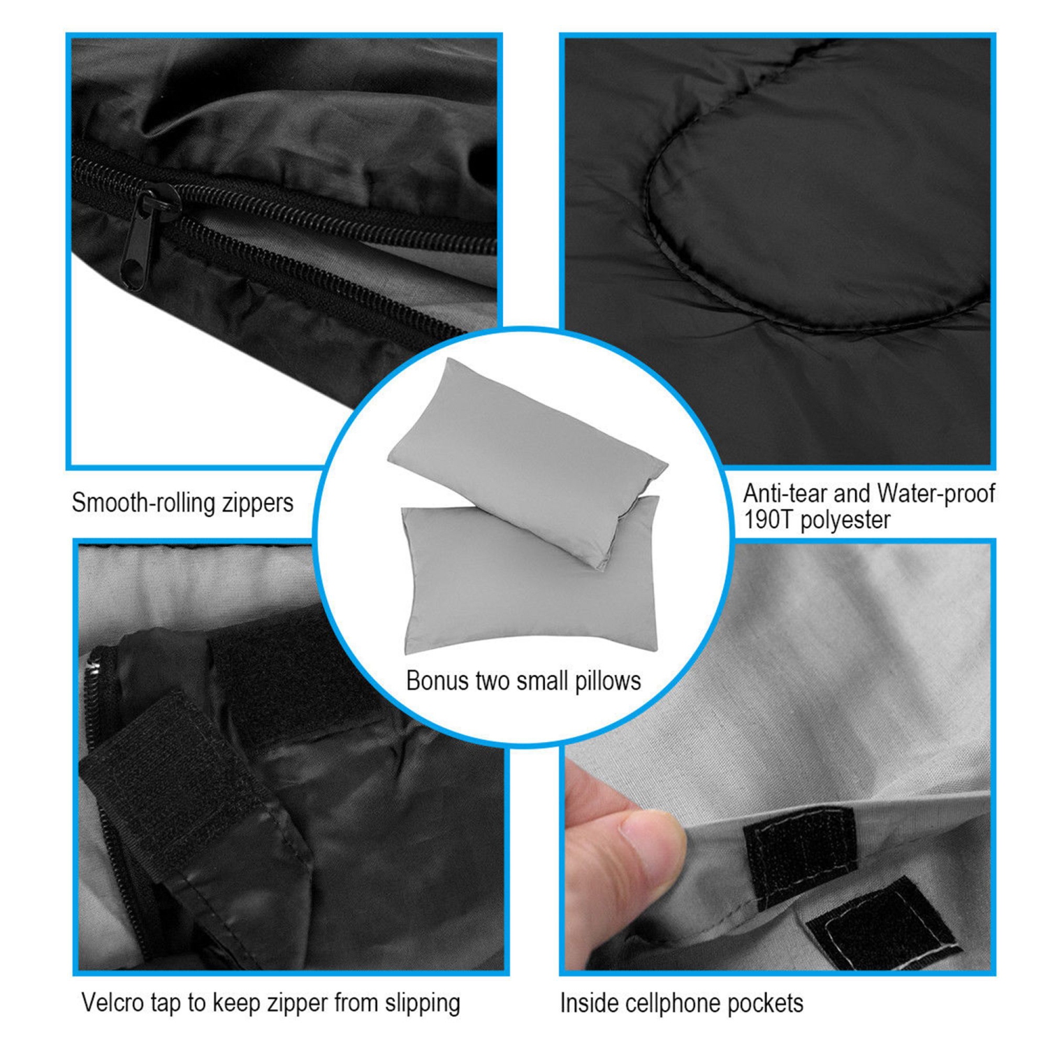 COSTWAY Sac de Couchage de 2 Personnes avec 2 Oreiller + Sac de Transport Résistant au Vent et Imperméable pour Camping Randonnée Pédestrex150cm