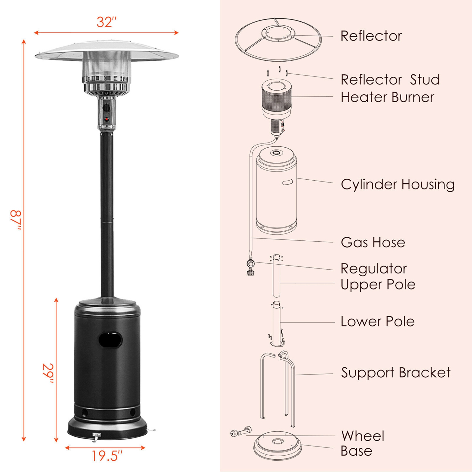 Costway 50000 BTU Propane Patio Heater Standing LP Gas Steel W/ Wheels Black