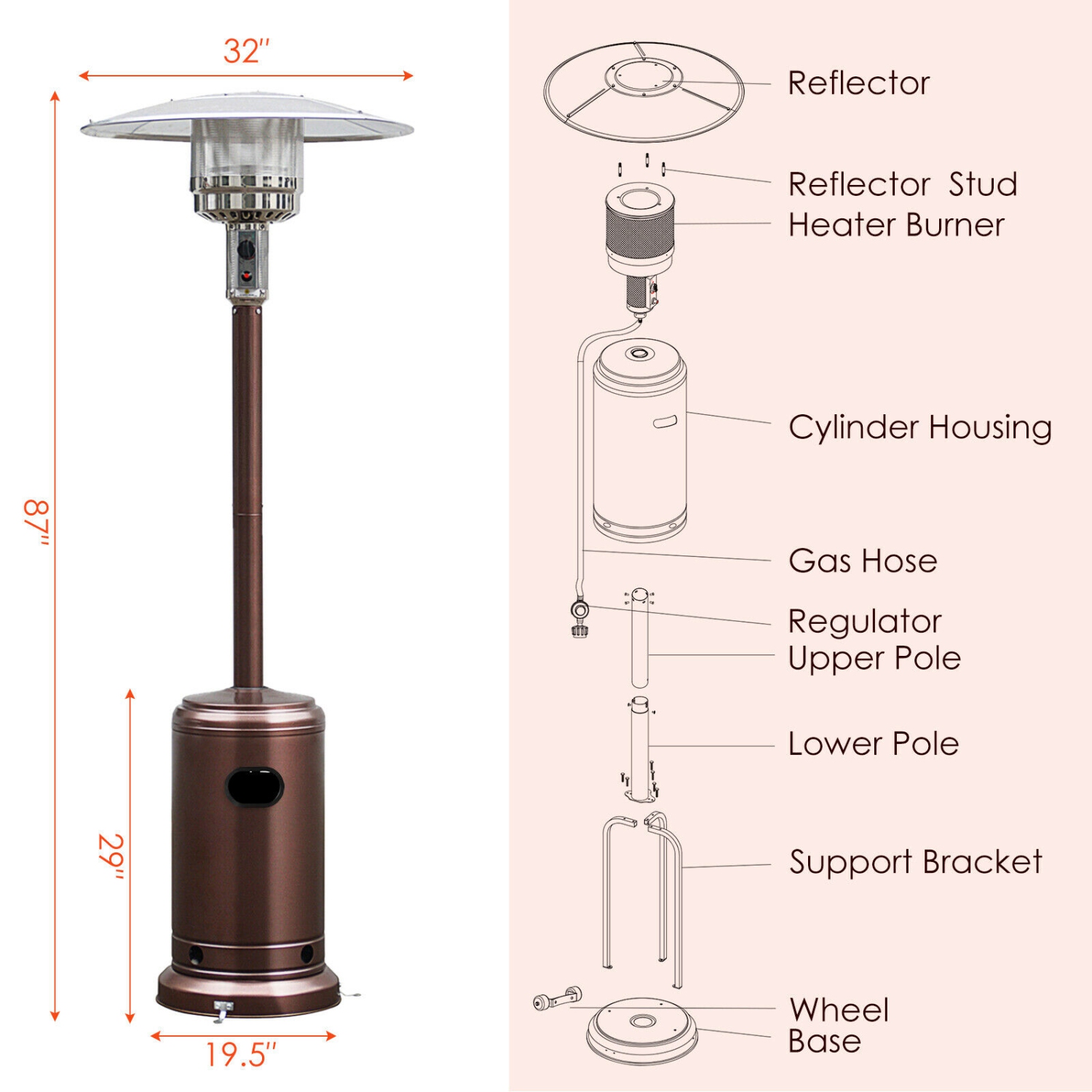 Costway Steel Outdoor Patio Heater Propane Lp Gas W/ Accessories Bronze