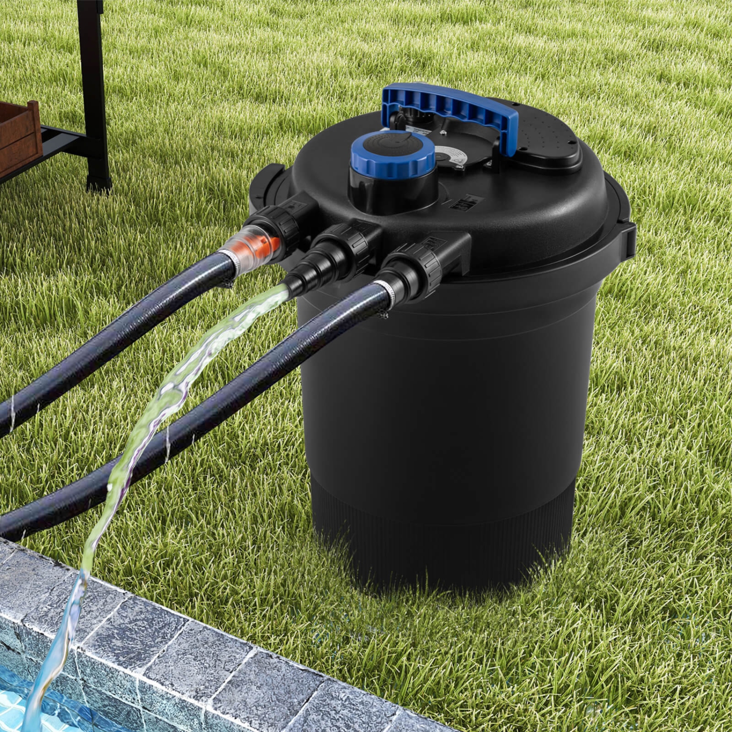 Filtre de Bassin avec 11 W Lampe UV, 3 Sorties d'Eau, Débit Maximum 12000L / h Volume du Filtre 25 L, Filtre Professionnel pour Étangs, 38 X 38 X 51