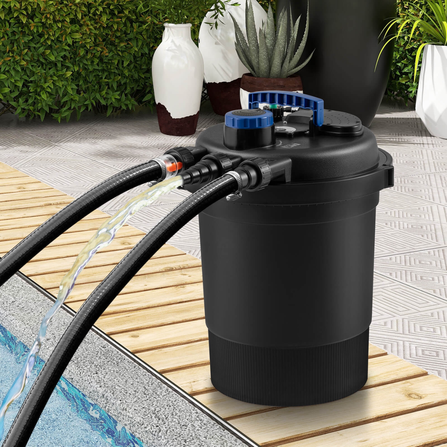 Filtre de Bassin avec 11 W Lampe UV, 3 Sorties d'Eau, Débit Maximum 12000L / h Volume du Filtre 25 L, Filtre Professionnel pour Étangs, 38 X 38 X 51