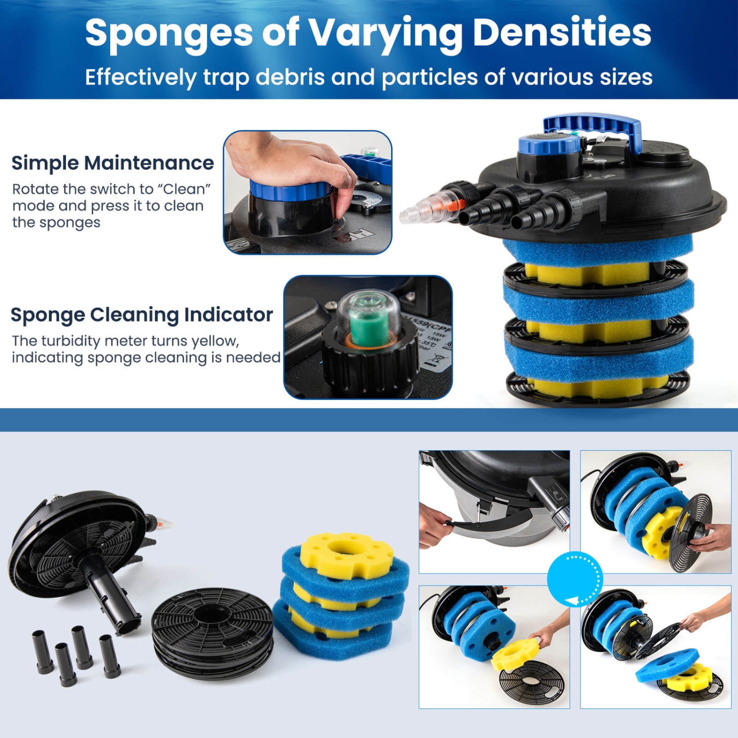 Filtre de Bassin avec 11 W Lampe UV, 3 Sorties d'Eau, Débit Maximum 12000L / h Volume du Filtre 25 L, Filtre Professionnel pour Étangs, 38 X 38 X 51