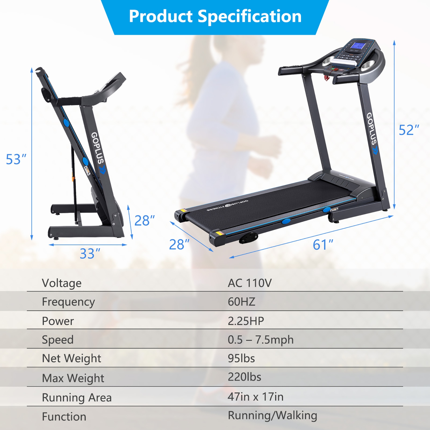 GOPLUS 2.25HP Folding Treadmill Electric Support Motorized Power