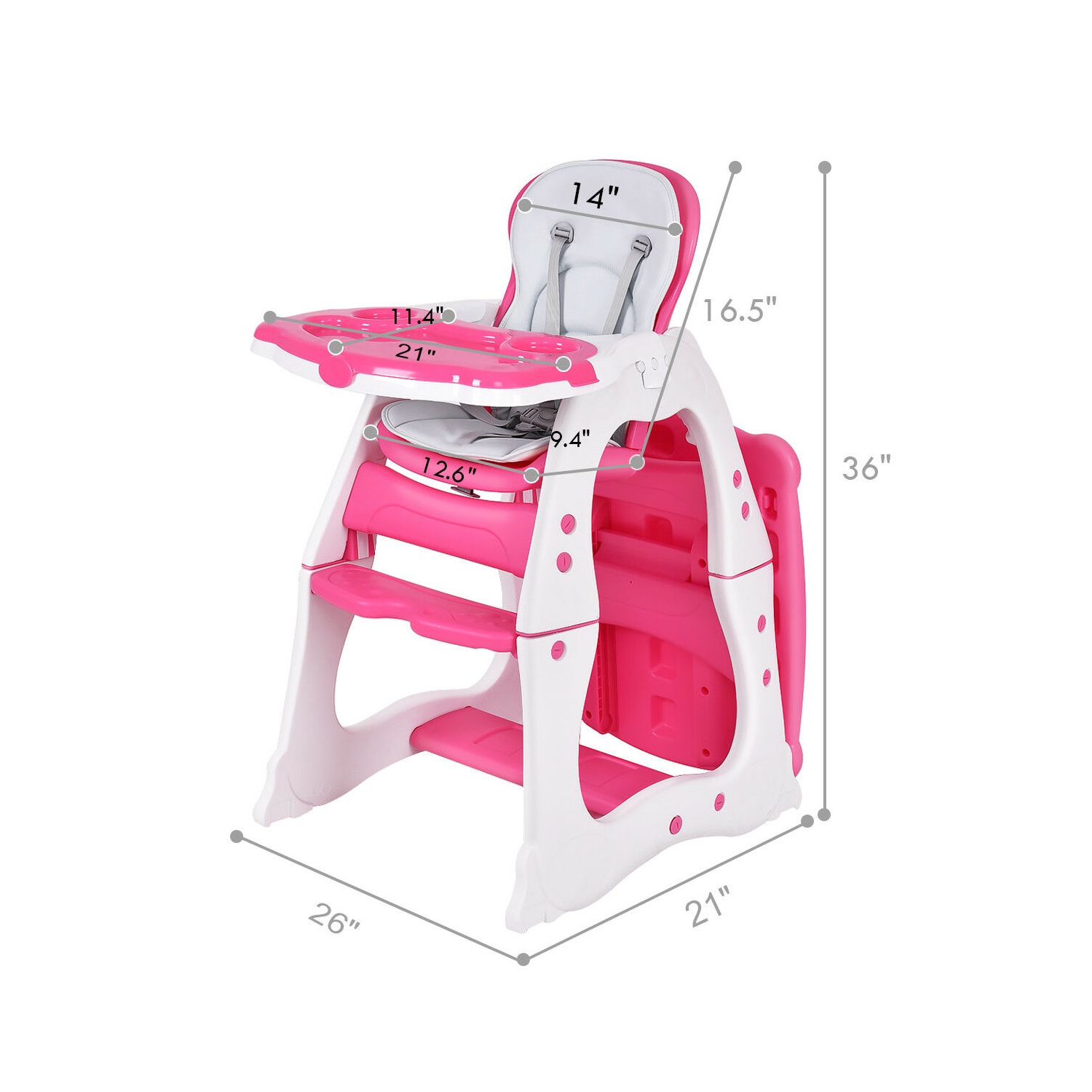Costway 3 in 1 Baby High Chair Convertible Play Table Seat Booster Toddler Feeding Tray