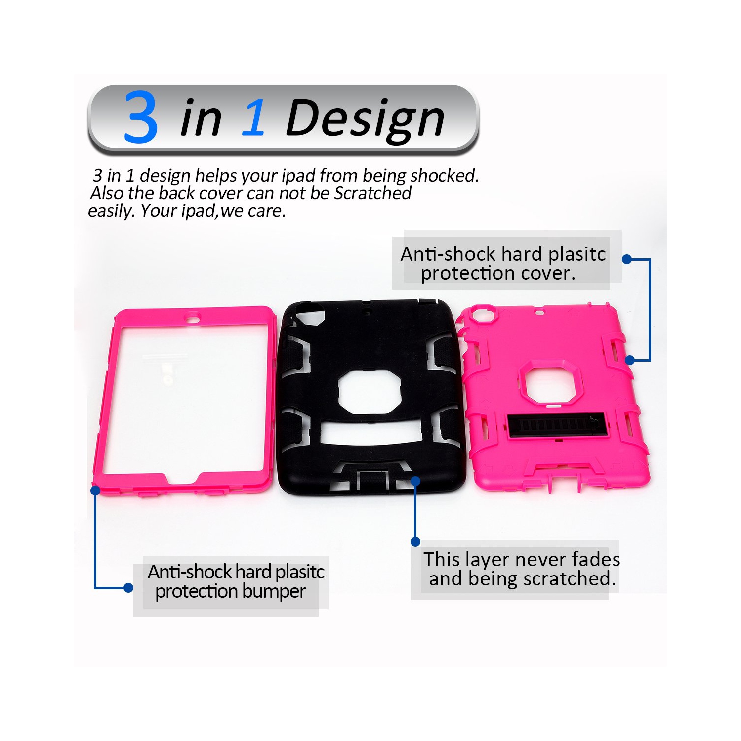Étui rigide/béquille en silicone hybride robuste 3-en-1 pour iPad Mini 1 2 3 d’Apple